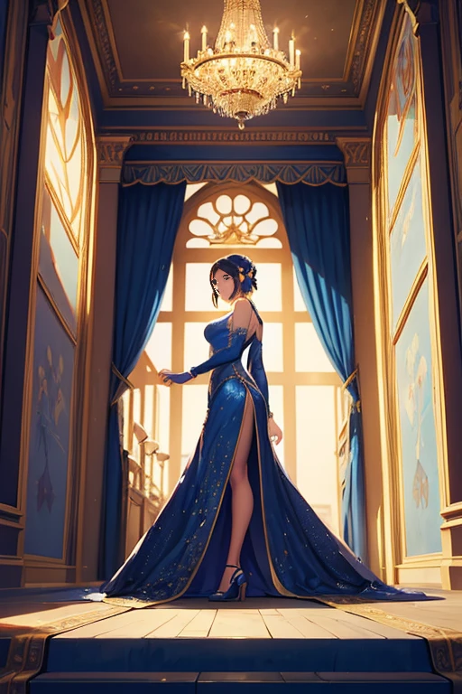 A woman in a blue dress walks along the corridor, exquisitely designed throne room, in the throne room, palace background, throne room, disney 2d animation still, light kingdom backdrop, cathedral background, by disney, inside a palace, frozen Claus film, dance hall background, from inside the huge palace, interior background art, royal palace interior, animated movie scene