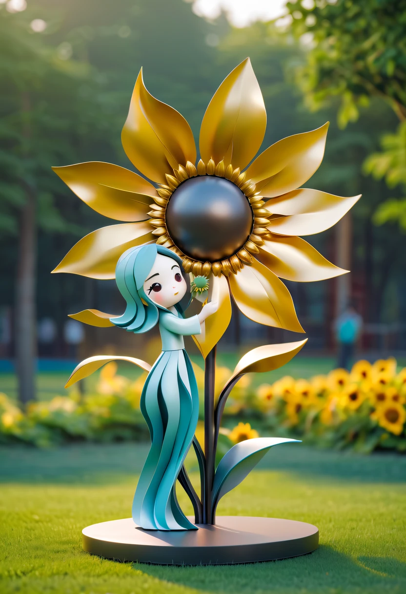school sculpture,Cute teacher holding sunflower,on the school lawn,full iron,metalictexture,metallic luster,vectorial art,Soft color palette,abstract sculpture,3D sculpture with abstract light,modern chinese literati,Gradient of color,hierarchical form,Futuristic sci-fi style metal three-dimensional sculpture,Whimsical three-dimensional metal sculptures,Ethereal style metal three-dimensional sculpture,