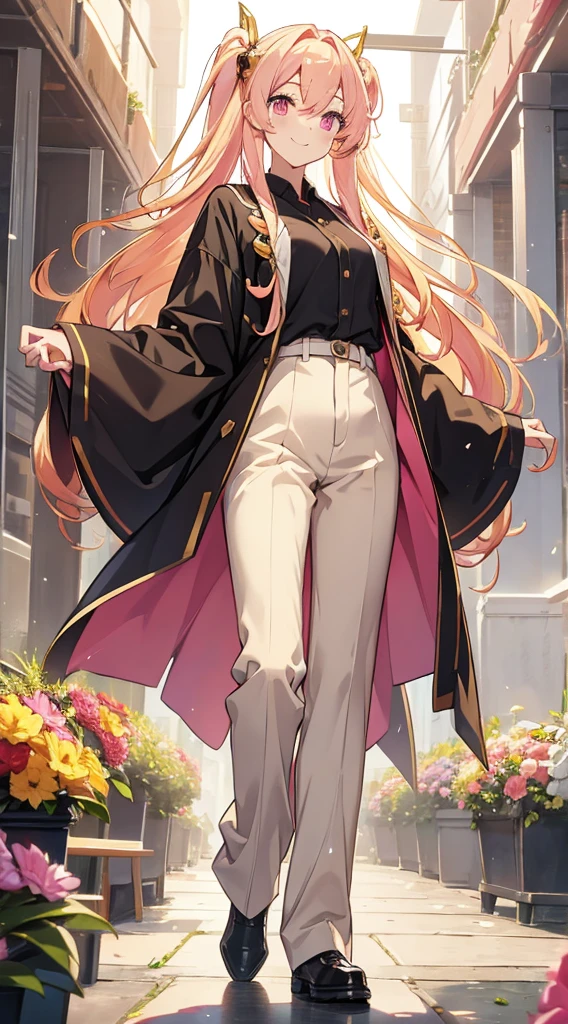 Twin-tailed, Golden hair, Pink eyes, Whole body, Standing figure, exposed navels, trouser, high-level image quality, a smile, Modern clothes