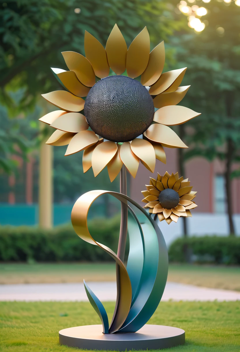 school sculpture,Cute teacher holding sunflower,on the school lawn,full iron,metalictexture,metallic luster,vectorial art,Soft color palette,abstract sculpture,3D sculpture with abstract light,modern chinese literati,Gradient of color,hierarchical form,Futuristic sci-fi style metal three-dimensional sculpture,Whimsical three-dimensional metal sculptures,Ethereal style metal three-dimensional sculpture,