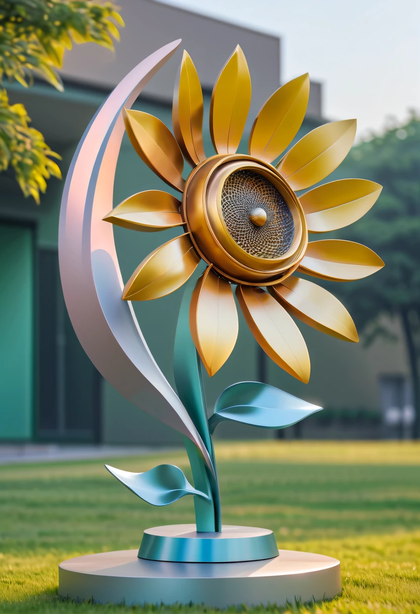 school sculpture，Cute teacher holding sunflower，on the school lawn，full iron，metalictexture，metallic  luster，vectorial art，Soft color palette，abstract sculpture，3D sculpture with abstract light，modern chinese literati，Gradient of color，hierarchical form，Futuristic sci-fi style metal three-dimensional sculpture，Whimsical three-dimensional metal sculptures，Ethereal style metal three-dimensional sculpture，