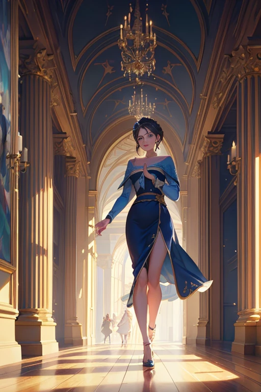 (best quality,4k,8k,highres,masterpiece:1.2), ultra-detailed, (realistic,photorealistic,photo-realistic:1.37), a woman in a beautiful blue dress walking along a corridor, exquisitely designed throne room, palace background, majestic hall, Disney 2D animation still, Kingdom of Light background, grand cathedral background, inspired by Disney, inside the palace, Frozen Claus film, ballroom background, from inside a massive palace, indoor background art, interior of a palace, animated movie scene