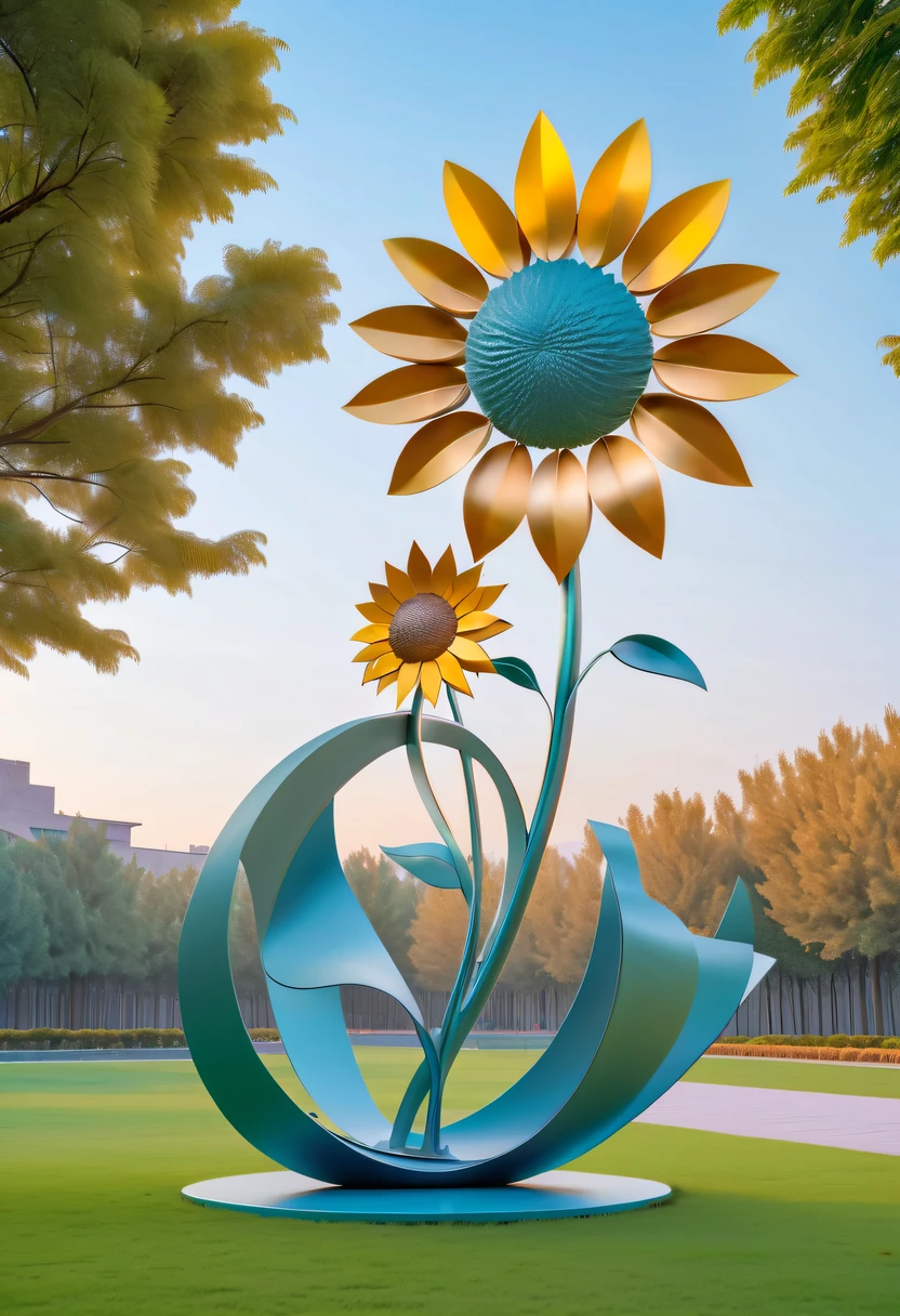 school sculpture，Cute teacher holding sunflower，on the school lawn，full iron，metalictexture，metallic  luster，vectorial art，Soft color palette，abstract sculpture，3D sculpture with abstract light，modern chinese literati，Gradient of color，hierarchical form，Futuristic sci-fi style metal three-dimensional sculpture，Whimsical three-dimensional metal sculptures，Ethereal style metal three-dimensional sculpture，