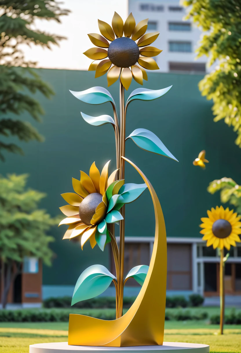 school sculpture,Cute teacher holding sunflower,on the school lawn,full iron,metalictexture,metallic luster,vectorial art,Soft color palette,abstract sculpture,3D sculpture with abstract light,modern chinese literati,Gradient of color,hierarchical form,Futuristic sci-fi style metal three-dimensional sculpture,Whimsical three-dimensional metal sculptures,Ethereal style metal three-dimensional sculpture,
