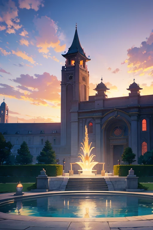 Architectural animation scene with fountain and bell tower, palace background, highschool background, Anime background art, Anime background main vision, Colorful anime movie background, Madhouse Studio anime style, light academic aesthetics, anime backgrounds, anime scene, a temple background, anime movie backgrounds, Anime landscape concept art, beautiful anime scenery, Anime landscapes, Official animation stills