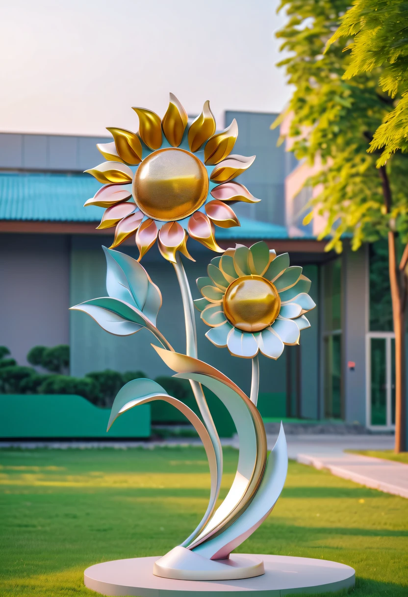 school sculpture,Cute teacher holding sunflower,on the school lawn,full iron,metalictexture,metallic luster,vectorial art,Soft color palette,abstract sculpture,3D sculpture with abstract light,modern chinese literati,Gradient of color,hierarchical form,Futuristic sci-fi style metal three-dimensional sculpture,Whimsical three-dimensional metal sculptures,Ethereal style metal three-dimensional sculpture,