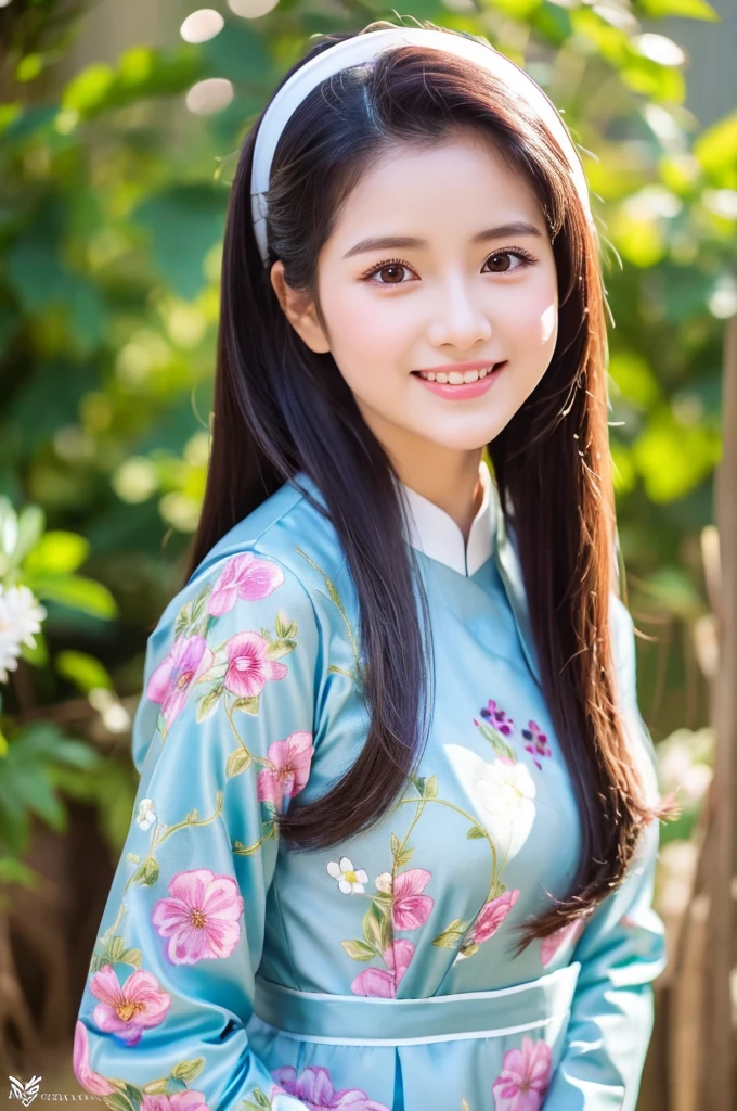 traditional clothes ,dark purple ao dai, ao dai, vietnamese girl, vietnam, vietnamese, satin, pretty girl, wide smile , long hair, Realistic lighting, delicate face, cute expression, Body perfect anatomy,Top Quality, 8K Resolution , full body , realistic , real human , High quality, shiny ao dai  , realistic , Cinematic, Aesthetic , satin aodai, 22 year old girl, detailed and beautiful face and eyes,beautiful woman, floral patterns, flowers, flower design, flower pattern, cute woman, traditional ao dai