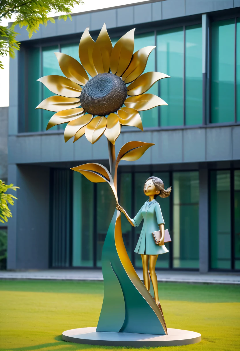 school sculpture，Cute teacher holding sunflower，on the school lawn，full iron，metalictexture，metallic  luster，vectorial art，Soft color palette，abstract sculpture，3D sculpture with abstract light，modern chinese literati，Gradient of color，hierarchical form，Futuristic sci-fi style metal three-dimensional sculpture，Whimsical three-dimensional metal sculptures，Ethereal style metal three-dimensional sculpture，