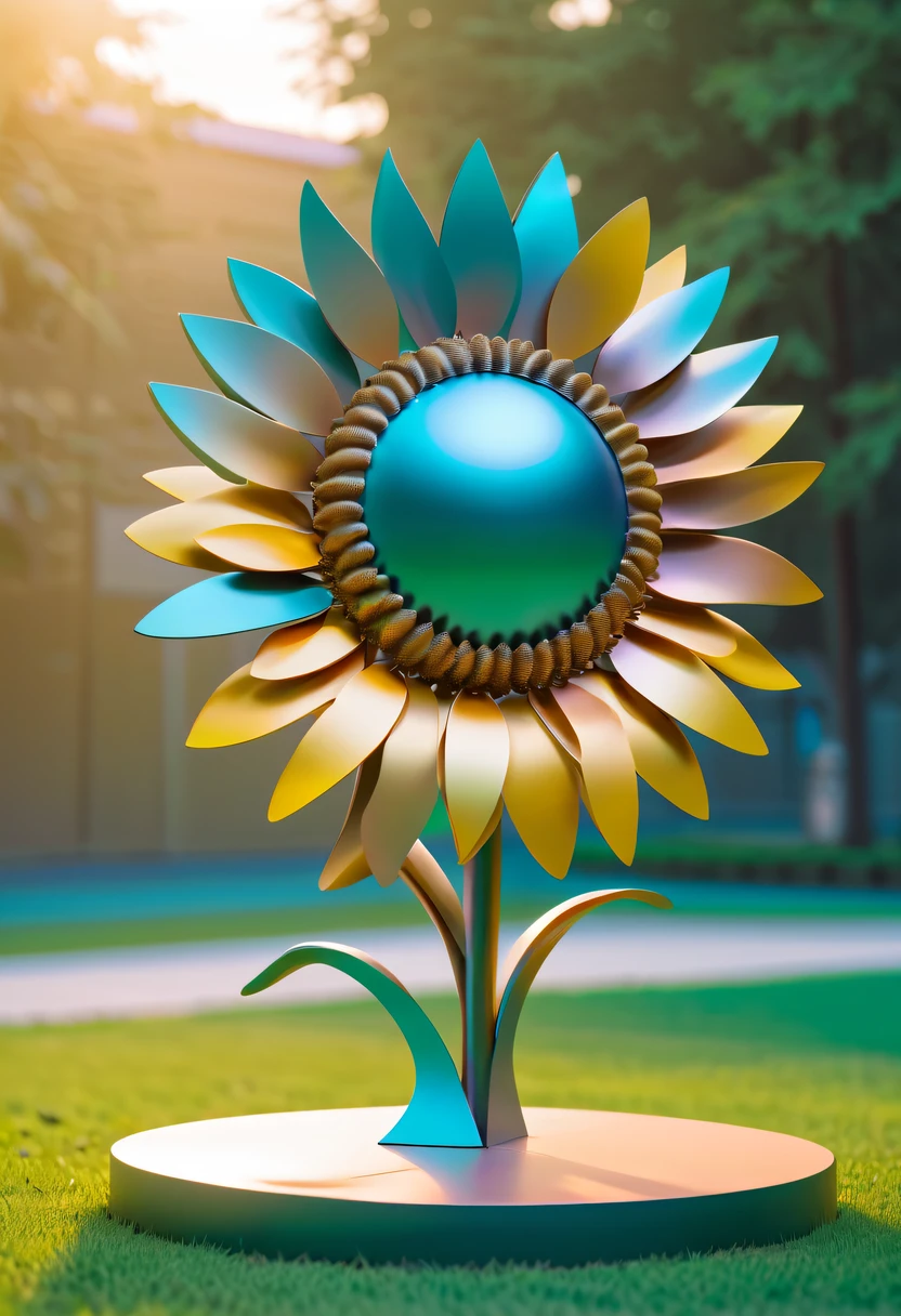 school sculpture,Cute teacher holding sunflower,on the school lawn,full iron,metalictexture,metallic luster,vectorial art,Soft color palette,abstract sculpture,3D sculpture with abstract light,modern chinese literati,Gradient of color,hierarchical form,Futuristic sci-fi style metal three-dimensional sculpture,Whimsical three-dimensional metal sculptures,Ethereal style metal three-dimensional sculpture,