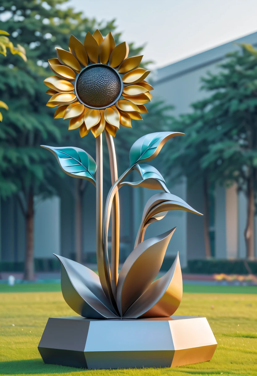 school sculpture，Cute teacher holding sunflower，on the school lawn，full iron，metalictexture，metallic  luster，vectorial art，Soft color palette，abstract sculpture，3D sculpture with abstract light，modern chinese literati，Gradient of color，hierarchical form，Futuristic sci-fi style metal three-dimensional sculpture，Whimsical three-dimensional metal sculptures，Ethereal style metal three-dimensional sculpture，