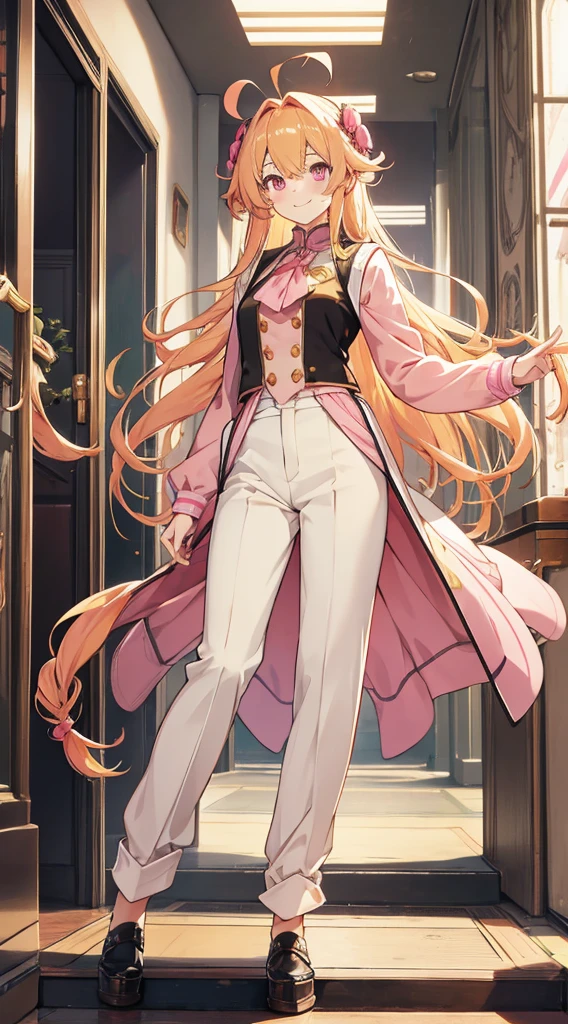 Twin-tailed, Golden hair, Pink eyes, Whole body, Standing figure, exposed navels, trouser, high-level image quality, A smile, Modern clothes