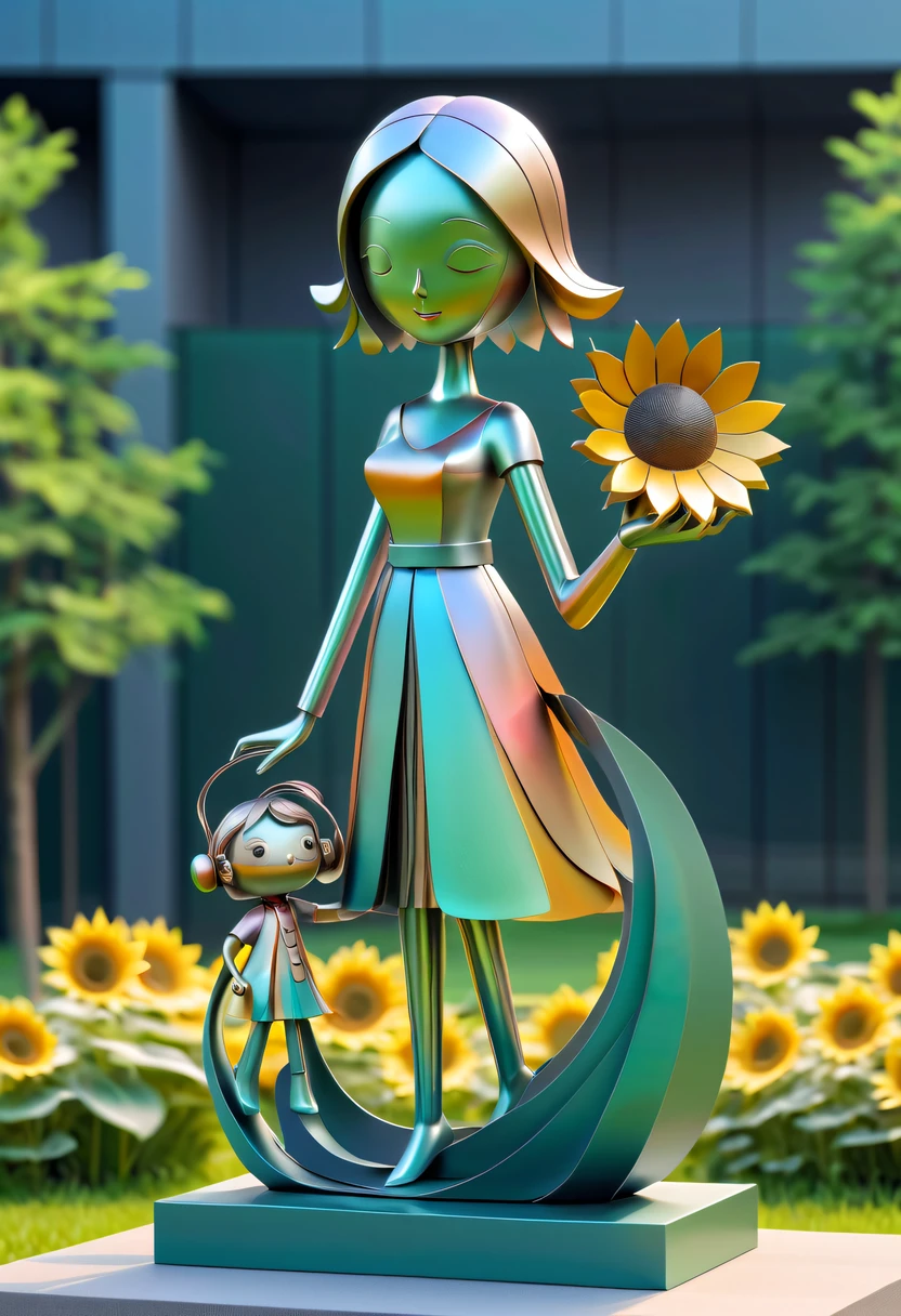 school sculpture,Cute teacher holding sunflower,on the school lawn,full iron,metalictexture,metallic luster,vectorial art,Soft color palette,abstract sculpture,3D sculpture with abstract light,modern chinese literati,Gradient of color,hierarchical form,Futuristic sci-fi style metal three-dimensional sculpture,Whimsical three-dimensional metal sculptures,Ethereal style metal three-dimensional sculpture,