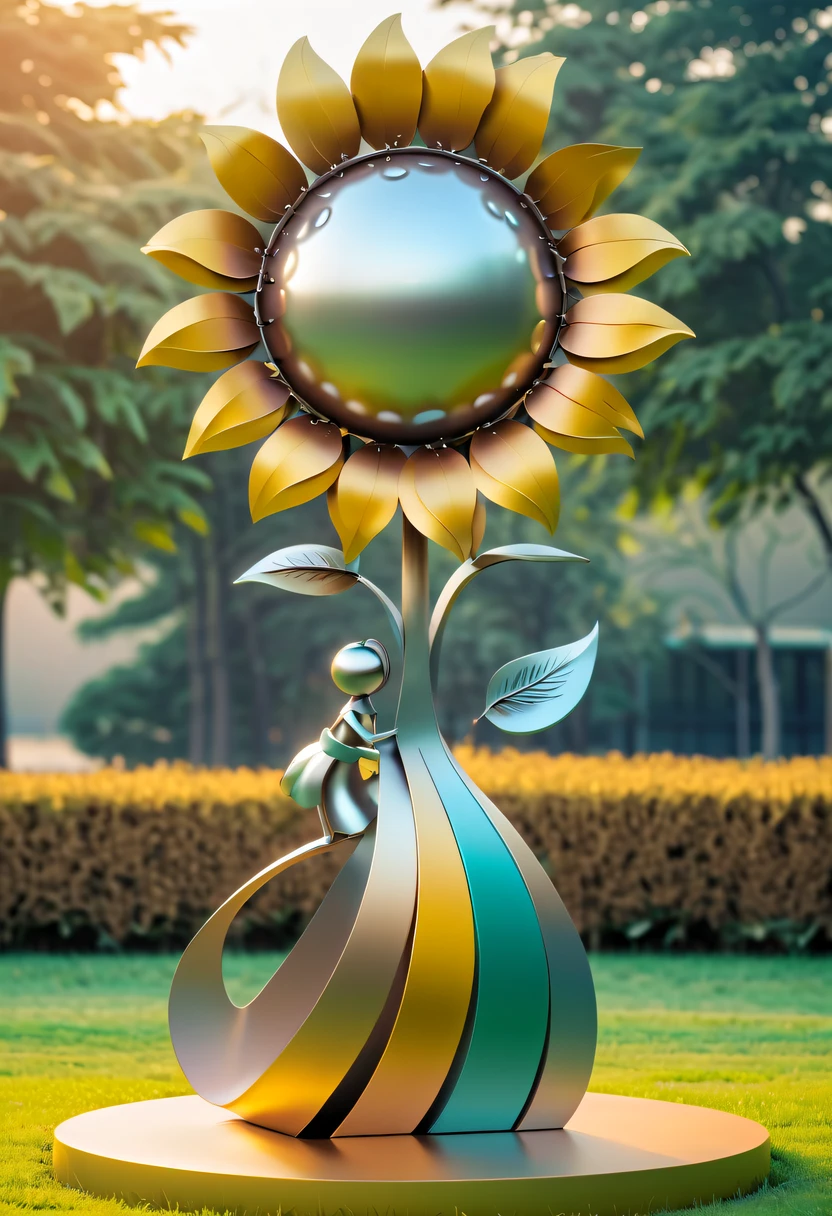 school sculpture,Cute teacher holding sunflower,on the school lawn,full iron,metalictexture,metallic luster,vectorial art,Soft color palette,abstract sculpture,3D sculpture with abstract light,modern chinese literati,Gradient of color,hierarchical form,Futuristic sci-fi style metal three-dimensional sculpture,Whimsical three-dimensional metal sculptures,Ethereal style metal three-dimensional sculpture,