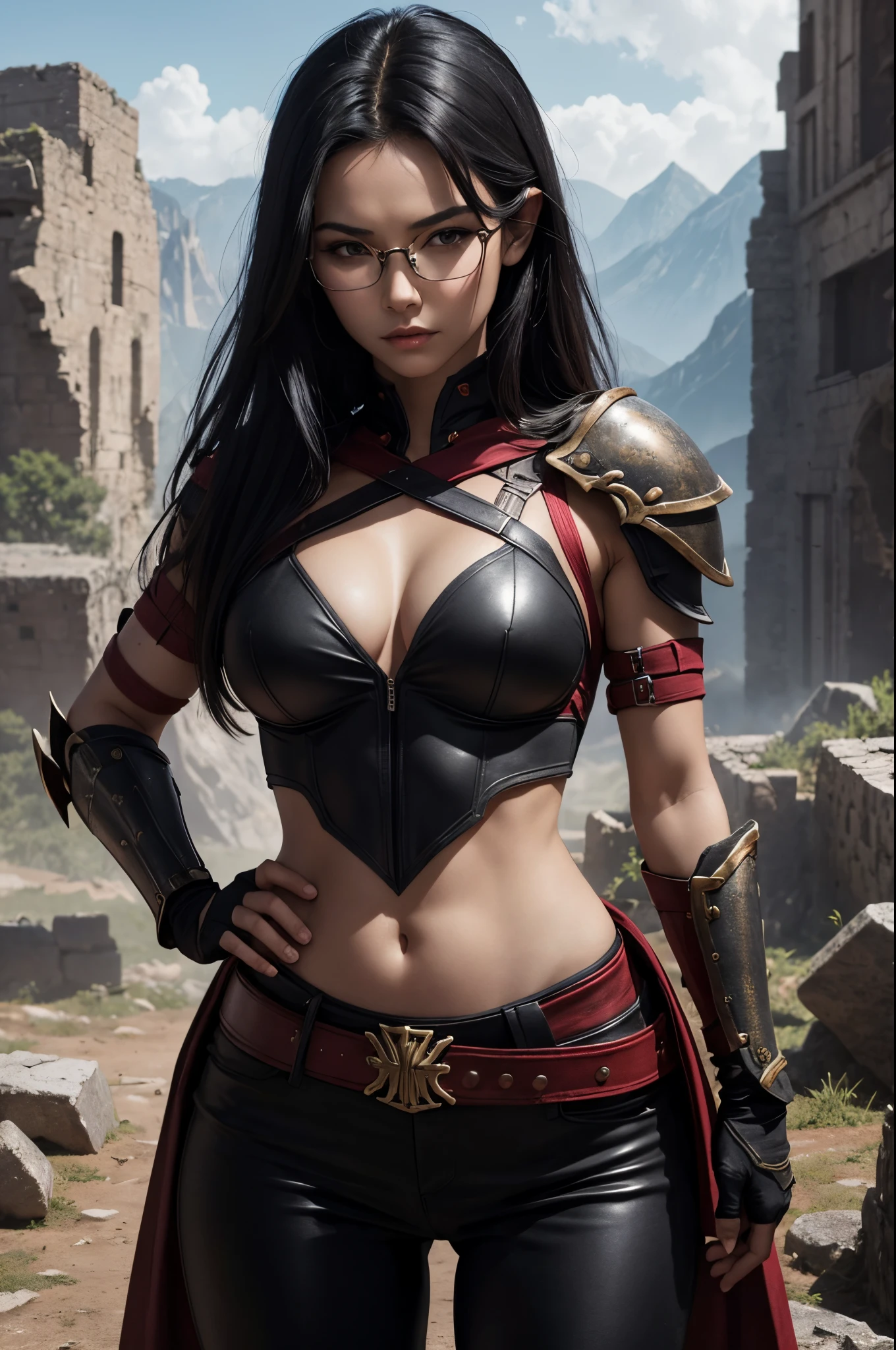 K,very small breasts,Beautiful long black hair,A slender woman wearing luxurious red and black combat uniform is posing.,Super beauty(Like the real thing) very small breasts, lean body muscles,real looking skin,Thin glasses,cabelos preto e longos,Black eyes,red combat pants,Demon Slayer with very small breasts,digitalart, Angry gorgeous goddess, , 2 0 y. o model women, , 超A high resolution,A hyper-realistic,very small breasts,Rugged look,Fantasyart,character art,enticing,A sexy,Outside the ruins,in mountains,a closeup,Luxurious red and black shoulder armor,Red and black gorgeous very small chest chest armor,