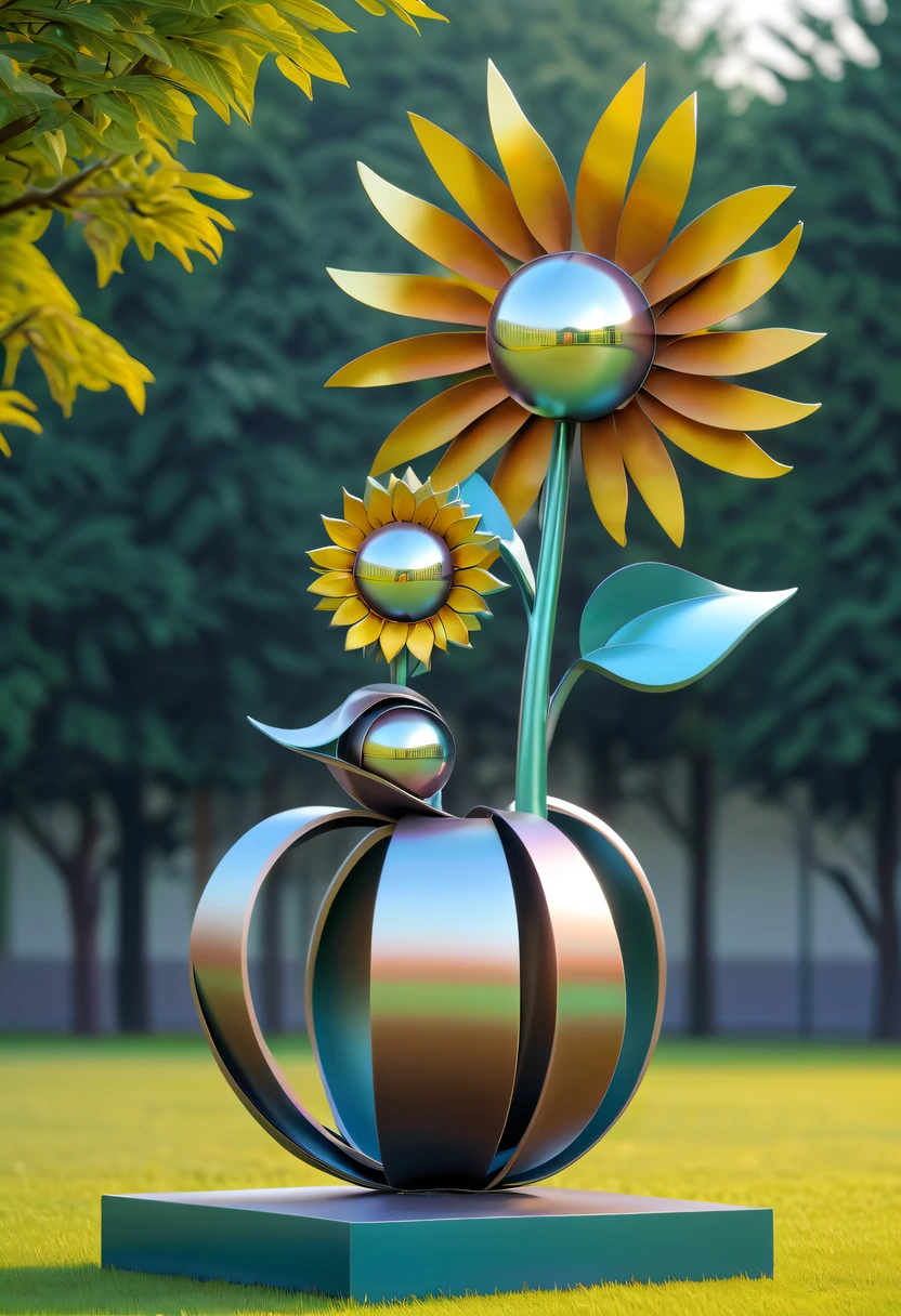 school sculpture,Cute teacher holding sunflower,on the school lawn,full iron,metalictexture,metallic luster,vectorial art,Soft color palette,abstract sculpture,3D sculpture with abstract light,modern chinese literati,Gradient of color,hierarchical form,Futuristic sci-fi style metal three-dimensional sculpture,Whimsical three-dimensional metal sculptures,Ethereal style metal three-dimensional sculpture,
