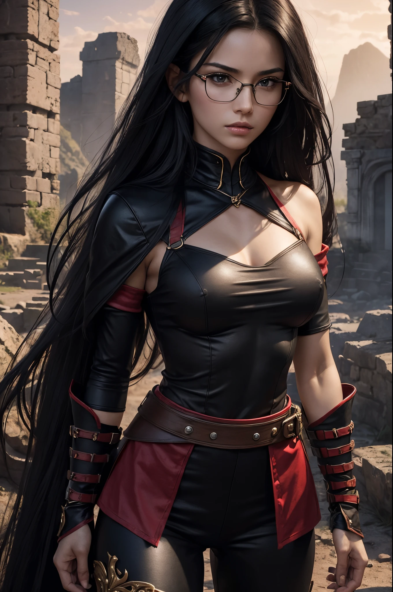 K,very small breasts,Beautiful long black hair,A slender woman wearing luxurious red and black combat uniform is posing.,Super beauty(Like the real thing) very small breasts, lean body muscles,real looking skin,Thin glasses,cabelos preto e longos,Black eyes,red combat pants,Demon Slayer with very small breasts,digitalart, Angry gorgeous goddess, , 2 0 y. o model women, , 超A high resolution,A hyper-realistic,very small breasts,Rugged look,Fantasyart,character art,enticing,A sexy,Outside the ruins,in mountains,a closeup,Luxurious red and black shoulder armor,Red and black gorgeous very small chest chest armor,