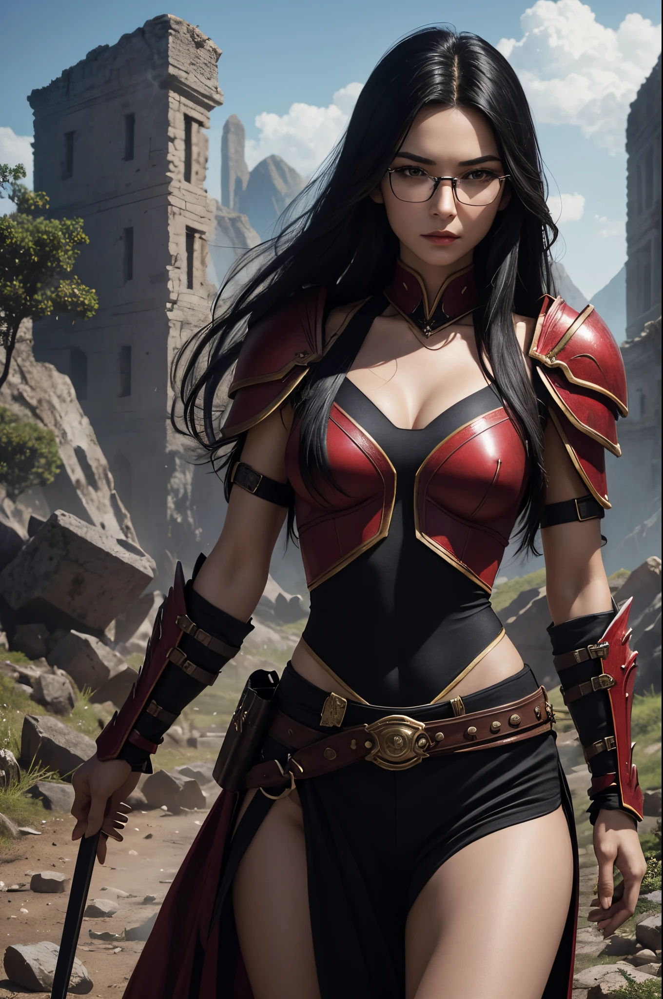 8K,cabelos preto e longos,A slender woman wearing red and black combat uniform is posing.,Super beauty(Like the real thing) very small breasts, lean body muscles,real looking skin,Thin glasses,cabelos preto e longos,Black eyes,, Demon Slayer with very small breasts,digitalart, Angry gorgeous goddess, , 2 0 y. o model women, , 超A high resolution,A hyper-realistic,very small breasts,Rugged look,Fantasyart,character art,enticing,A sexy,Outside the ruins,in mountains,