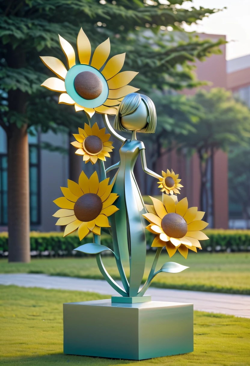 school sculpture，Cute teacher holding sunflower，on the school lawn，full iron，metalictexture，metallic  luster，vectorial art，Soft color palette，abstract sculpture，3D sculpture with abstract light，modern chinese literati，Gradient of color，hierarchical form，Futuristic sci-fi style metal three-dimensional sculpture，Whimsical three-dimensional metal sculptures，Ethereal style metal three-dimensional sculpture，