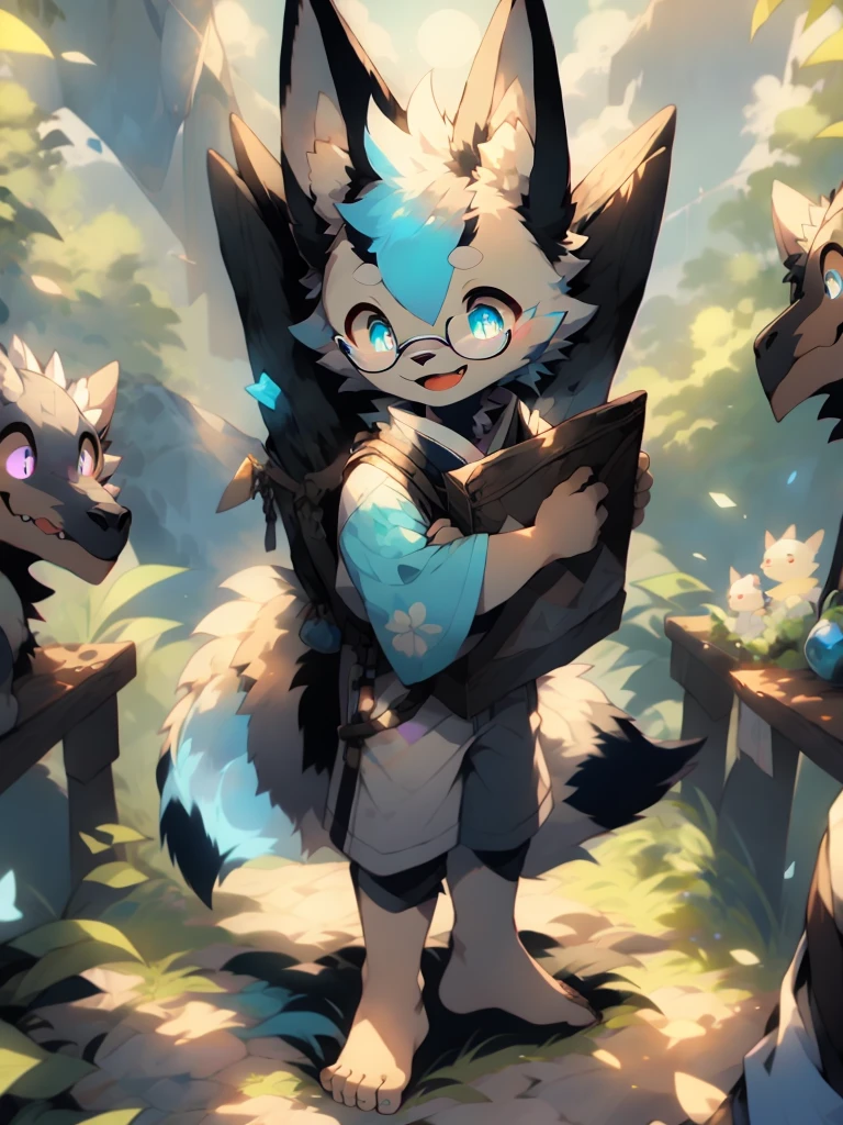 Libido boy,独奏,Pupils purple,blue colors、White hair,drak,wears glasses,Sit on the meadow of the forest,There are lush trees behind,The dragon's fur shines in the sun,blue hairs ,Q version, tmasterpiece, A high resolution,detailedbackground,high high quality,Big furry tail,white clothes,The barefoot,looking at viewert,a happy expression,grey shorts
