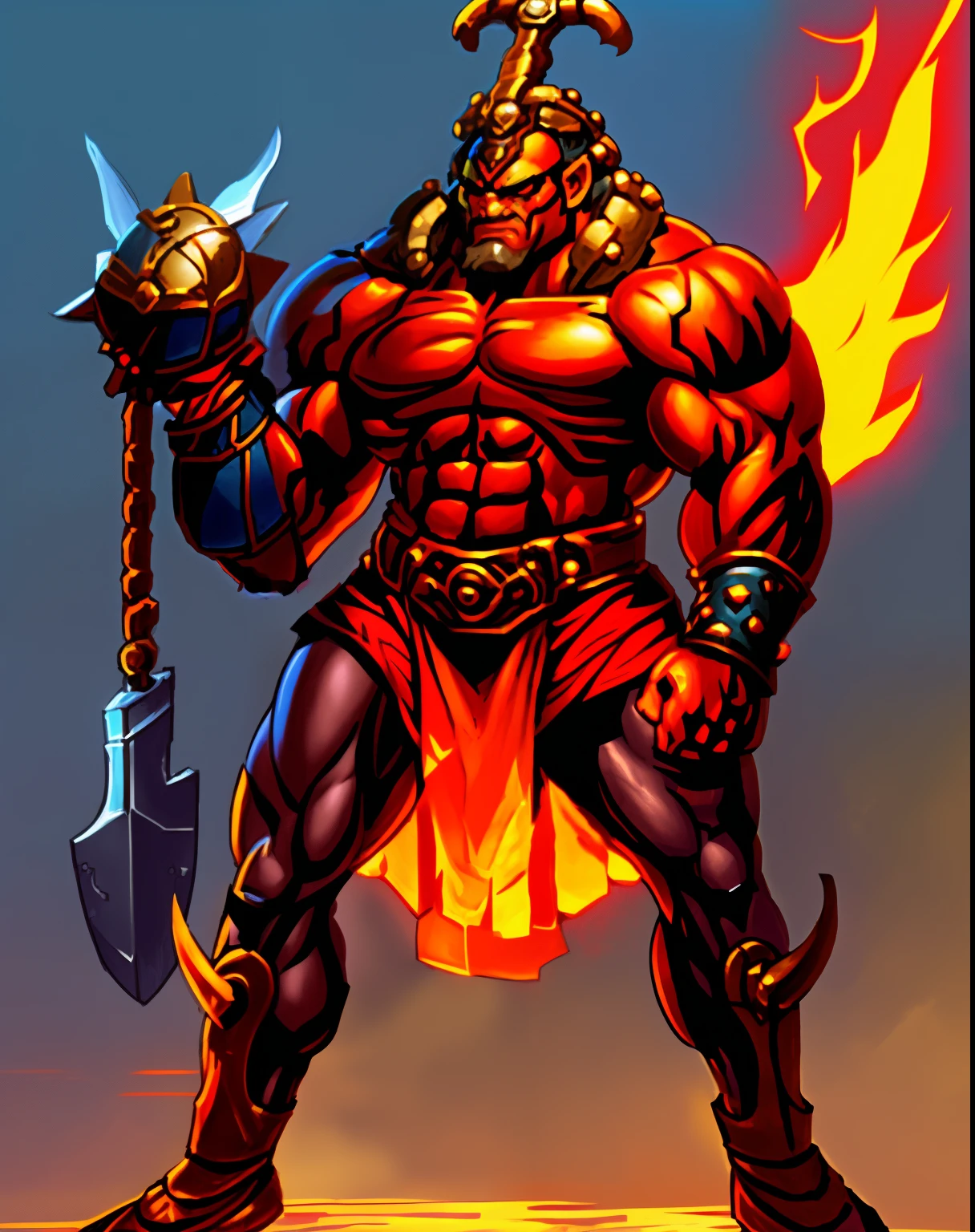 Drawing of a man holding a sword and helmet, Inspired by Rob Liefeld, dnd goliath character concept, Muscular humanoid Balrog, greek god in mecha style, manly monster tough guy, ancient blacksmith god, muscular character, joe madureira, 90s comic book character design, detailed full-body concept, heavy line draft