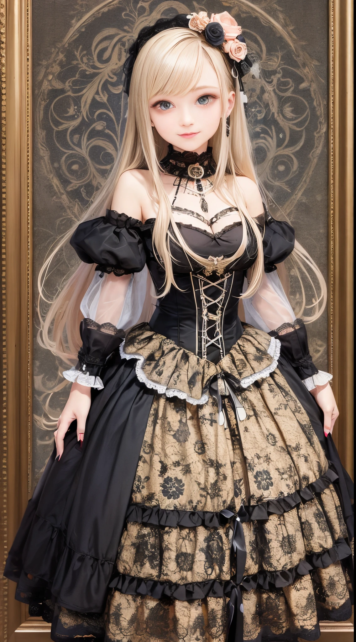 woman wearing dress and boots , baroque dress, in detailed steampunk dress, an elegant gothic princess, victorian gothic lolita fashion, Historical Baroque Dress Dark, black gothic lolita dress, fantasy style clothing, rococo dress, black rococo, classical witch, fantasy outfit, wearing a gothic dress, romantic dress, gothic dress,a blond,25-years old,(((Upper body portrait)))A smile,