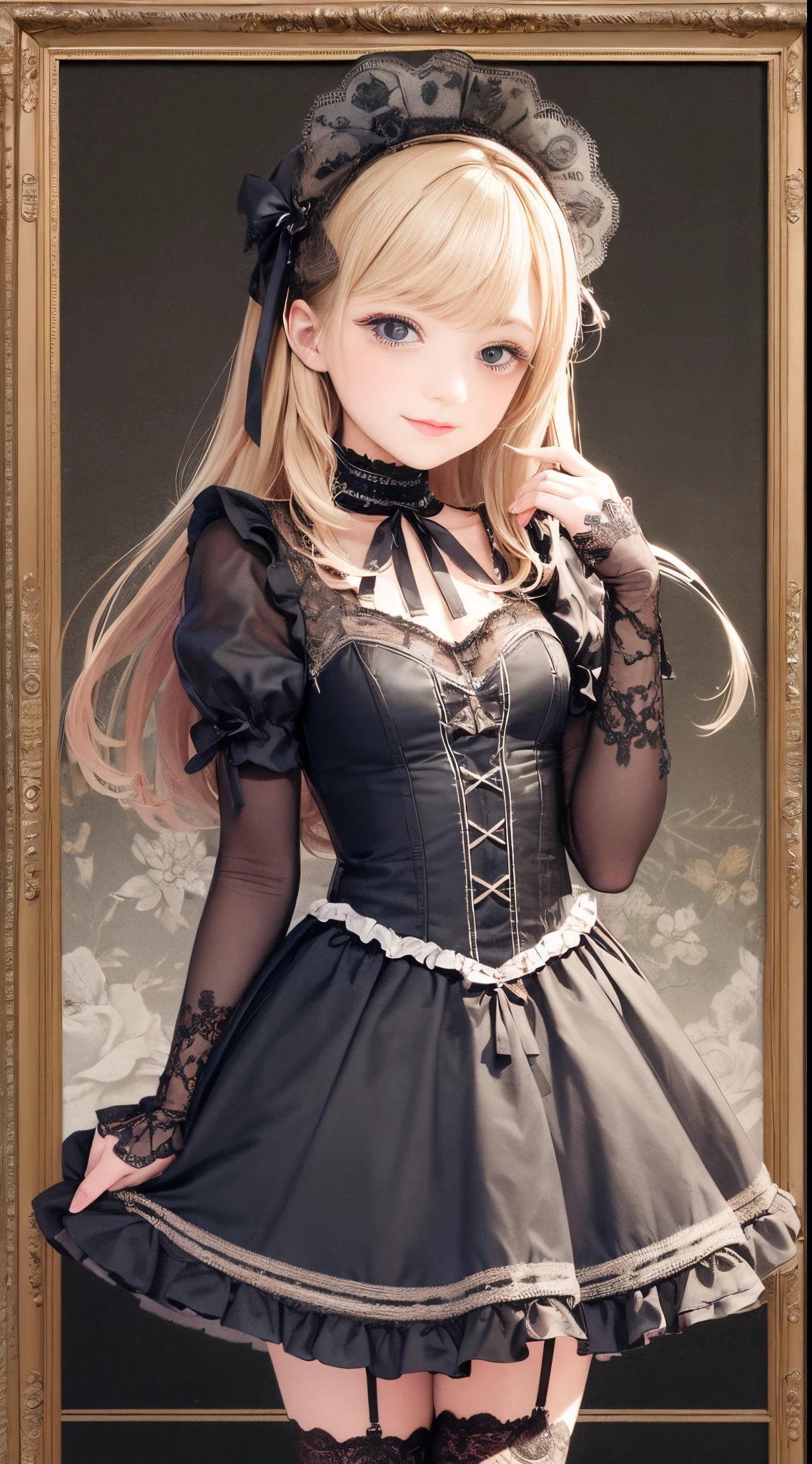 woman wearing dress and boots , baroque dress, in detailed steampunk dress, an elegant gothic princess, victorian gothic lolita fashion, Historical Baroque Dress Dark, black gothic lolita dress, fantasy style clothing, rococo dress, black rococo, classical witch, fantasy outfit, wearing a gothic dress, romantic dress, gothic dress,a blond,25-years old,(((Upper body portrait)))A smile,