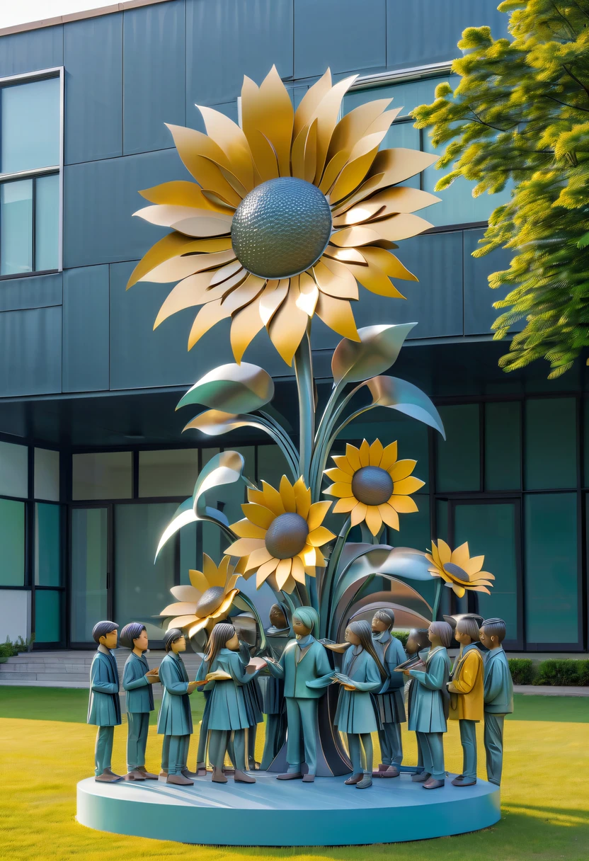 school sculpture，Cute teacher holding sunflower，Surrounded by a group of students，on the school lawn，full iron，metalictexture，metallic  luster，vectorial art，Soft color palette，abstract sculpture，3D sculpture with abstract light，modern chinese literati，Gradient of color，hierarchical form，Futuristic sci-fi style metal three-dimensional sculpture，Whimsical three-dimensional metal sculptures，Ethereal style metal three-dimensional sculpture，
