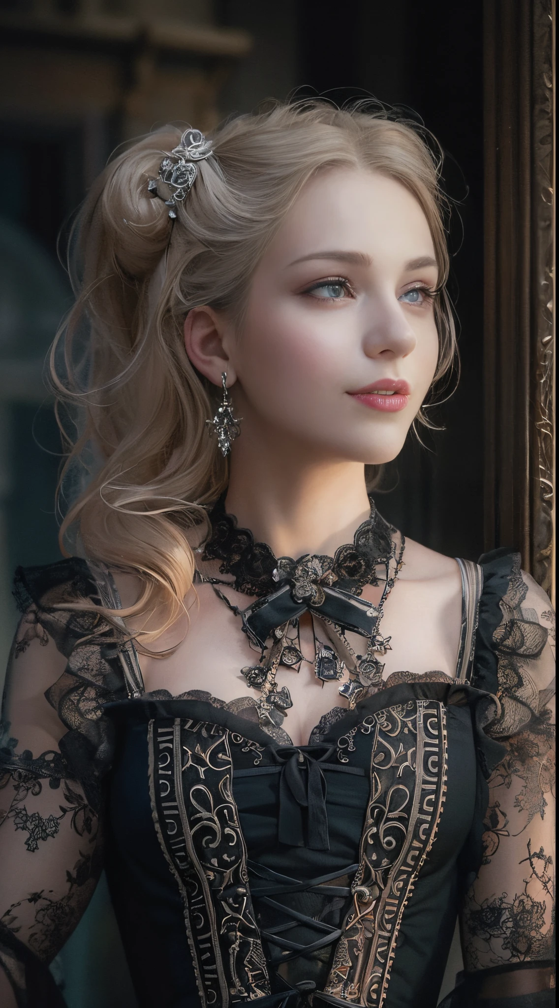 woman wearing dress and boots , baroque dress, in detailed steampunk dress, an elegant gothic princess, victorian gothic lolita fashion, Historical Baroque Dress Dark, black gothic lolita dress, fantasy style clothing, rococo dress, black rococo, classical witch, fantasy outfit, wearing a gothic dress, romantic dress, gothic dress,a blond,25-years old,(((Upper body portrait)))A smile,