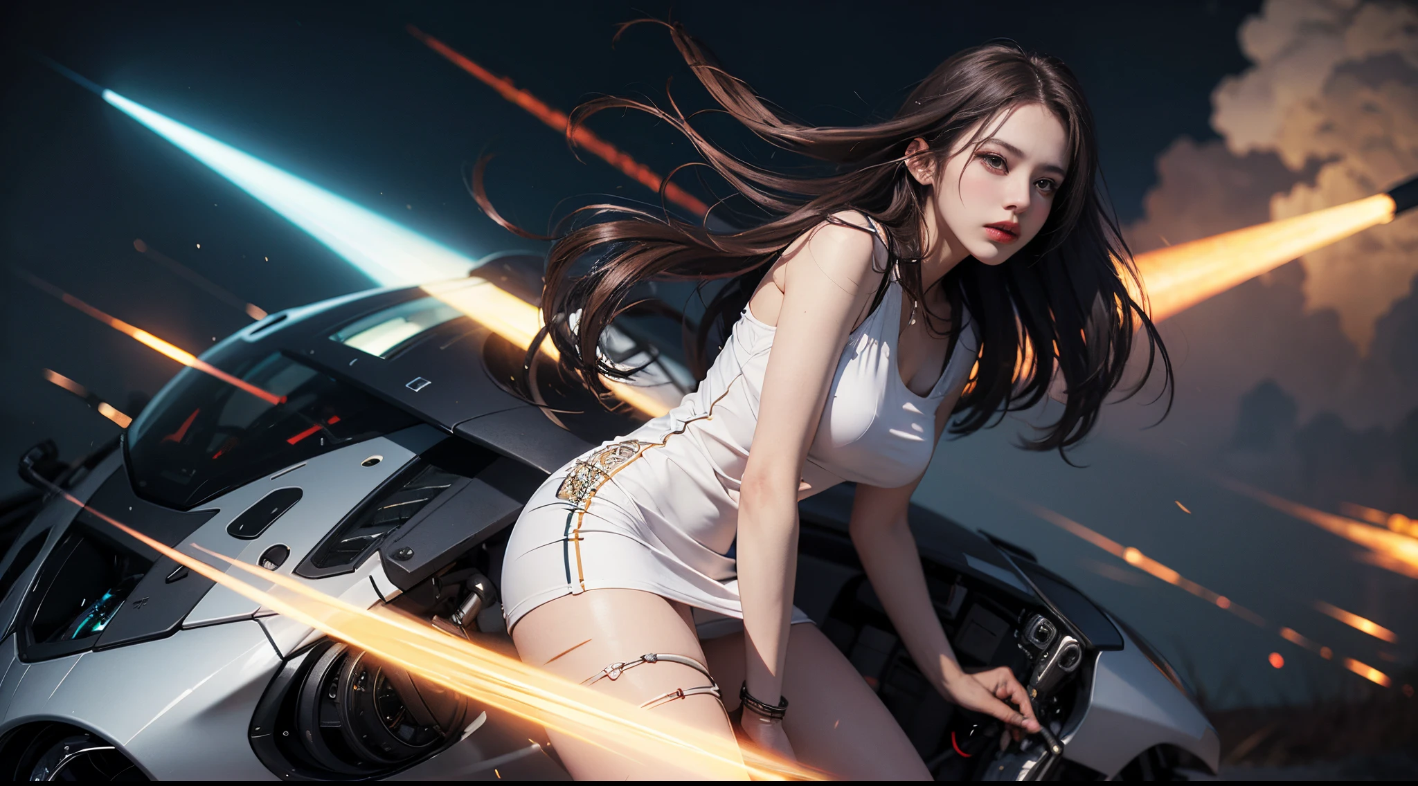Unbeatable masterpiece, ultra real photo , Perfect artwork , Complicated details , Best quality , strong lights , hight contrast , dynamicposes , holland angle , ((depth of fields)) , girl , tight white dress , Suspended in the air , Strange ball man design , smokes , Flying sky , blue flame , Time Knight Advanced Technology , advanced civilization , mechanical design , turbine , white color mecha ,Drive a spaceship,Ride mecha products