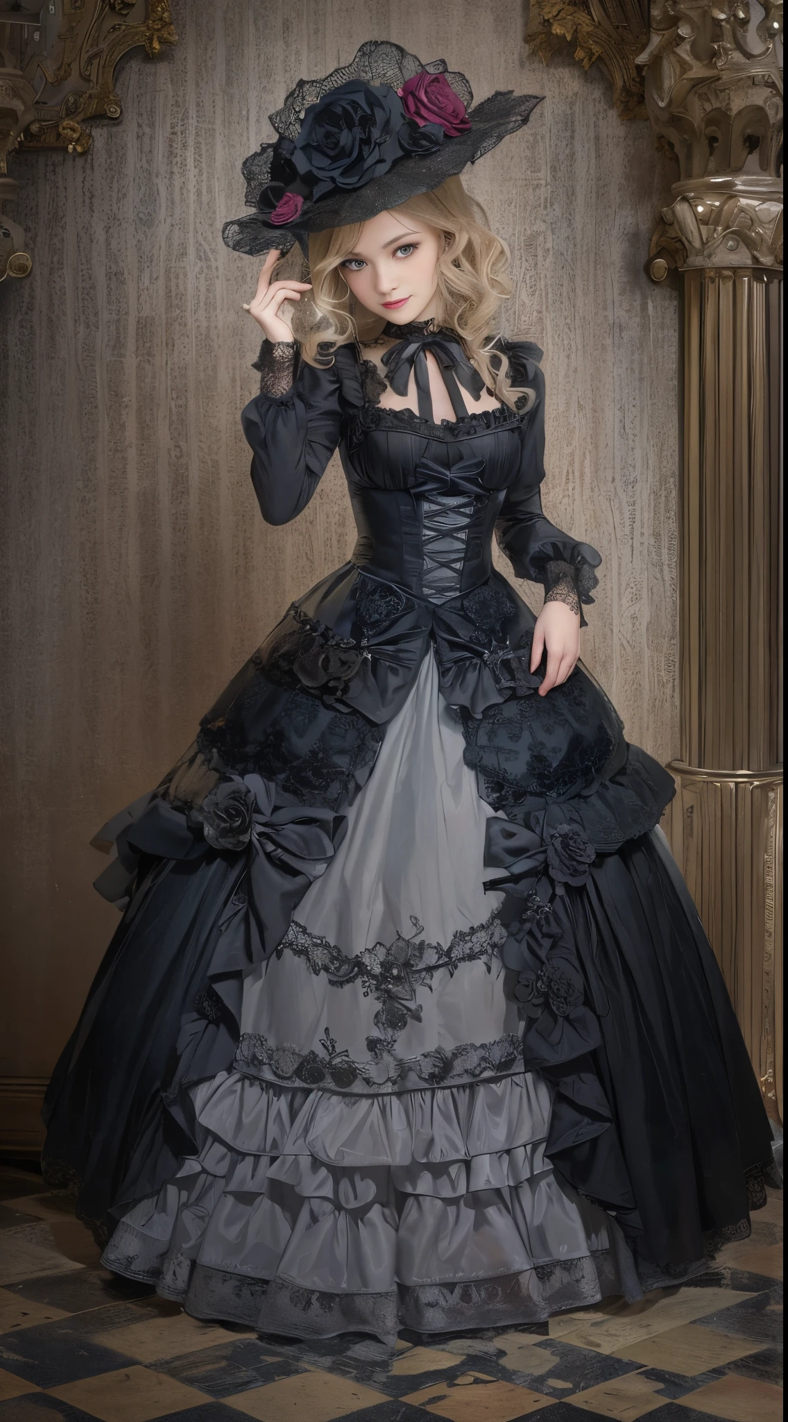 woman wearing dress and boots , baroque dress, in detailed steampunk dress, an elegant gothic princess, victorian gothic lolita fashion, Historical Baroque Dress Dark, black gothic lolita dress, fantasy style clothing, rococo dress, black rococo, classical witch, fantasy outfit, wearing a gothic dress, romantic dress, gothic dress,a blond,25-years old,(((Upper body portrait)))A smile,