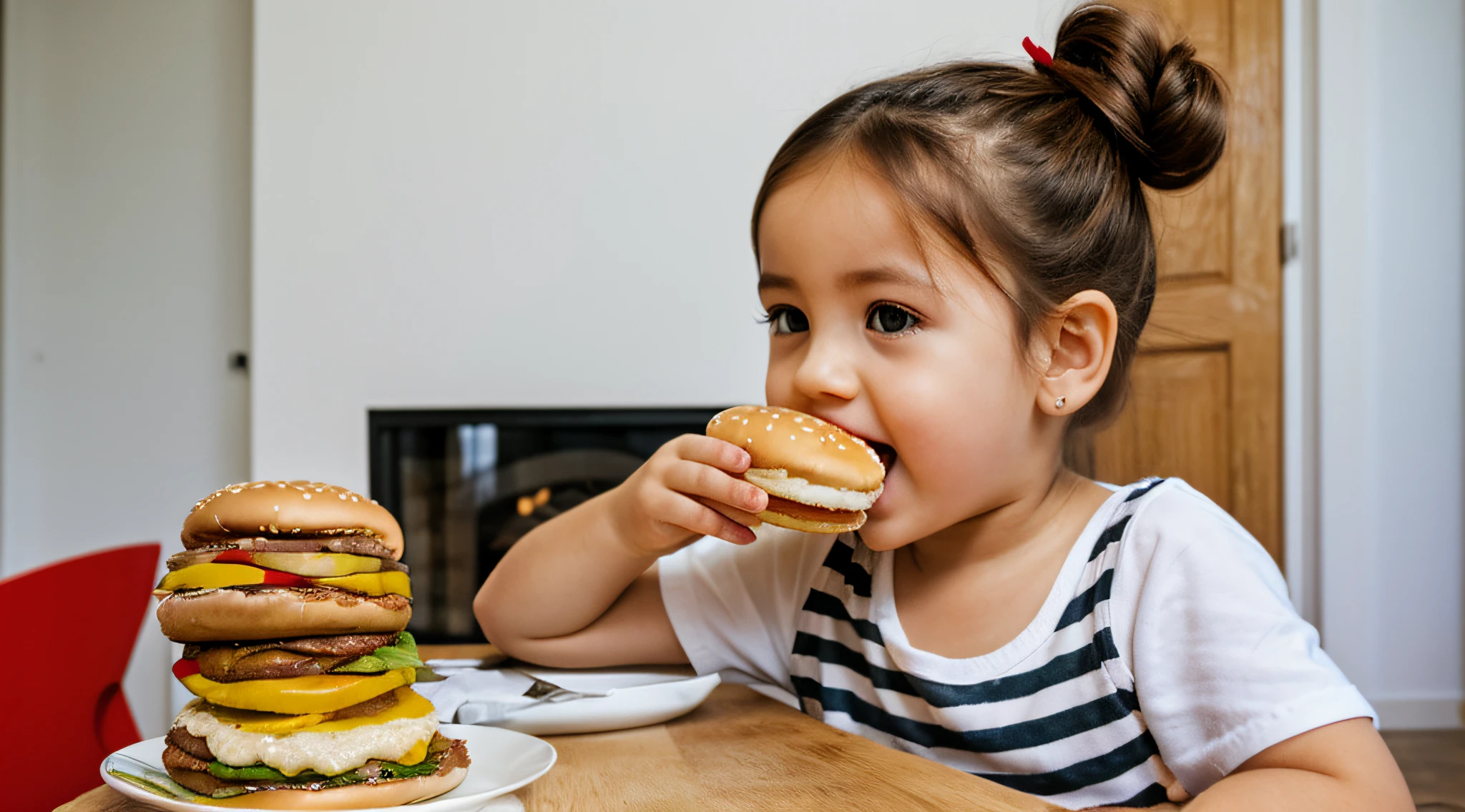 coque de cabelo loiro garota infantil, on a lunar plain, Eating hamburger.