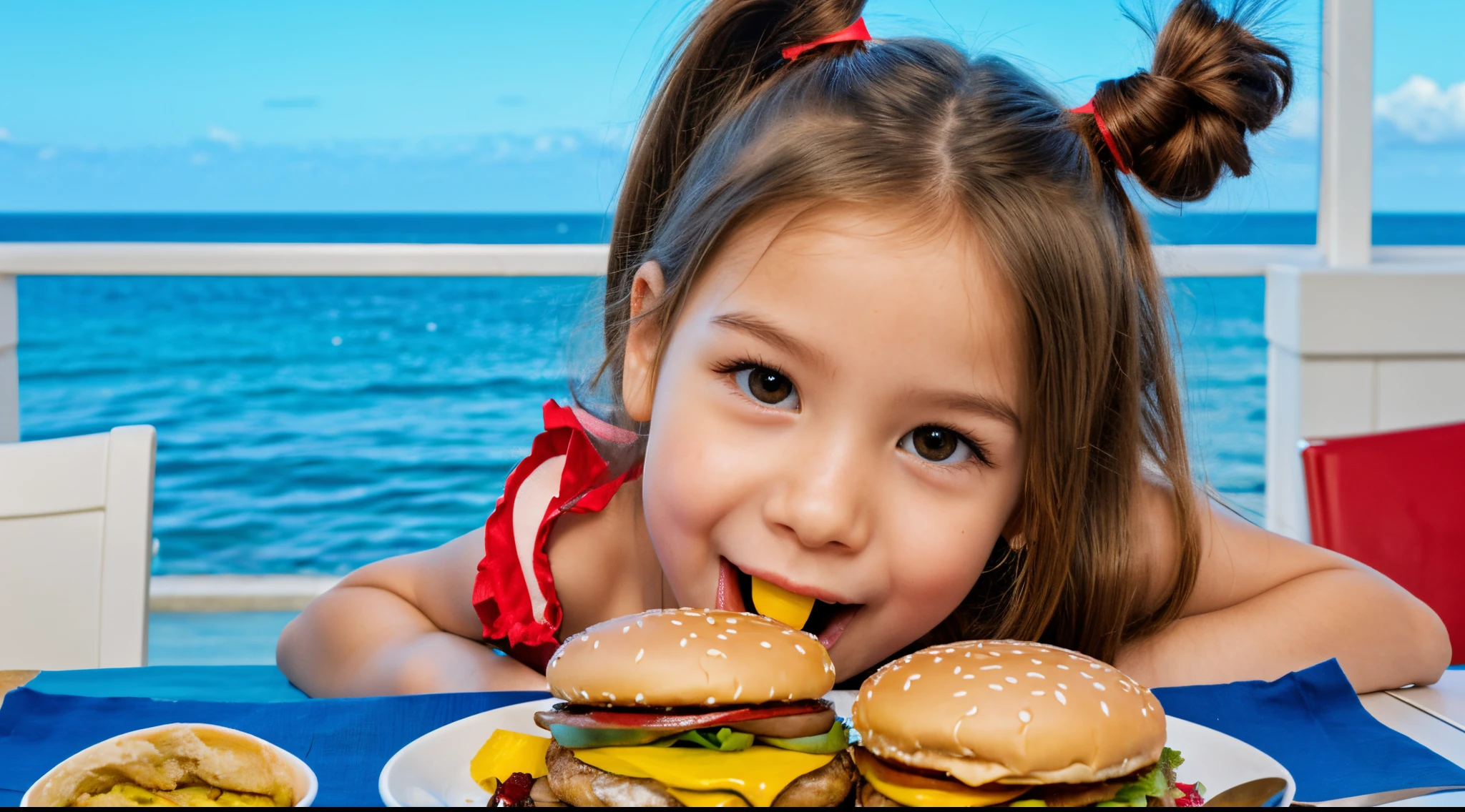 blonde hairbun kids girl, on a lunar plain, eating hamburger.