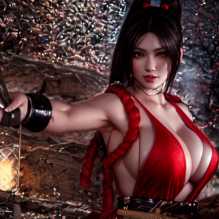 There is a woman wearing a red dress and holding a white fan, mai shiranui, yoko matsugane as mai shiranui, Dead or Alive 6, As a character in Tekken, tifa, seductive tifa lockhart portrait, tifa lockhart, kunoichi, Photo by Tifa Lockhart, katana zero video game character, wielding kunai