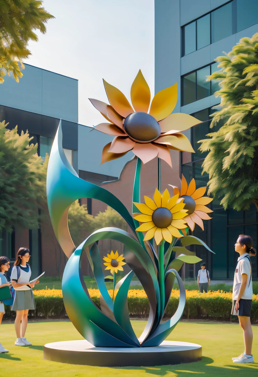 school sculpture,Cute teacher holding sunflower,Surrounded by a group of students,on the school lawn,full iron,metalictexture,metallic luster,vectorial art,Soft color palette,abstract sculpture,3D sculpture with abstract light,modern chinese literati,Gradient of color,hierarchical form,Futuristic sci-fi style metal three-dimensional sculpture,Whimsical three-dimensional metal sculptures,Ethereal style metal three-dimensional sculpture,