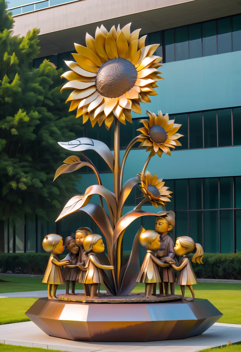 school sculpture,Cute teacher holding sunflower,Surrounded by a group of students,on the school lawn,full iron,metalictexture,metallic luster,vectorial art,Soft color palette,abstract sculpture,3D sculpture with abstract light,modern chinese literati,Gradient of color,hierarchical form,Futuristic sci-fi style metal three-dimensional sculpture,Whimsical three-dimensional metal sculptures,Ethereal style metal three-dimensional sculpture,