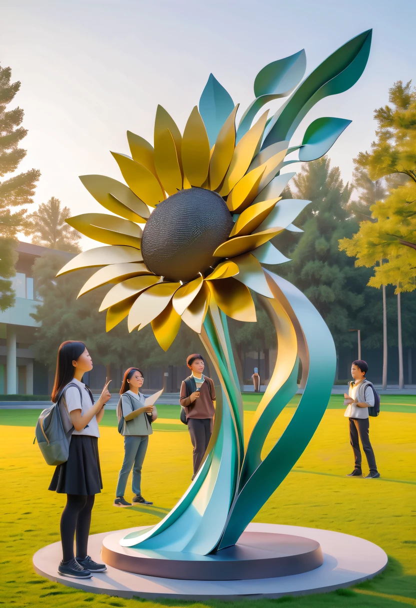 school sculpture，Cute teacher holding sunflower，Surrounded by a group of students，on the school lawn，full iron，metalictexture，metallic  luster，vectorial art，Soft color palette，abstract sculpture，3D sculpture with abstract light，modern chinese literati，Gradient of color，hierarchical form，Futuristic sci-fi style metal three-dimensional sculpture，Whimsical three-dimensional metal sculptures，Ethereal style metal three-dimensional sculpture，