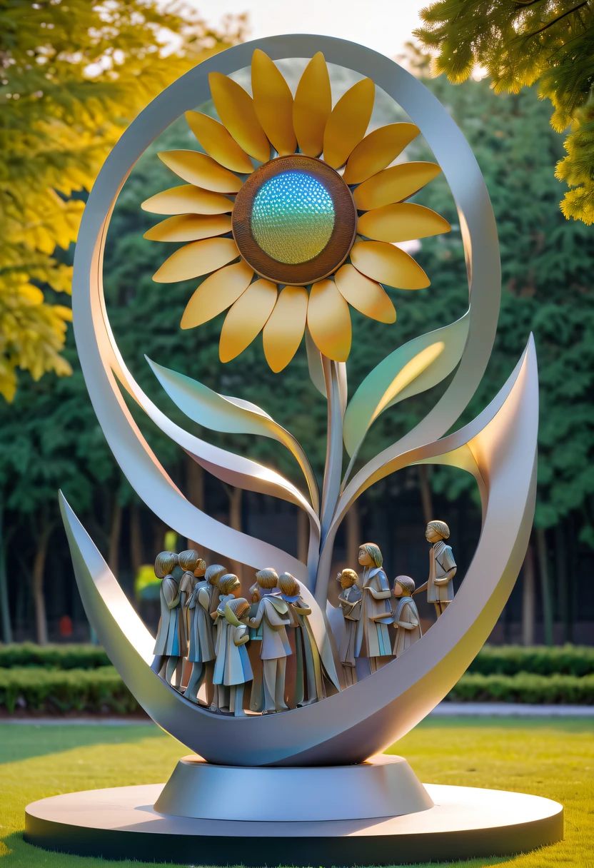 school sculpture，Cute teacher holding sunflower，Surrounded by a group of students，on the school lawn，full iron，metalictexture，metallic  luster，vectorial art，Soft color palette，abstract sculpture，3D sculpture with abstract light，modern chinese literati，Gradient of color，hierarchical form，Futuristic sci-fi style metal three-dimensional sculpture，Whimsical three-dimensional metal sculptures，Ethereal style metal three-dimensional sculpture，