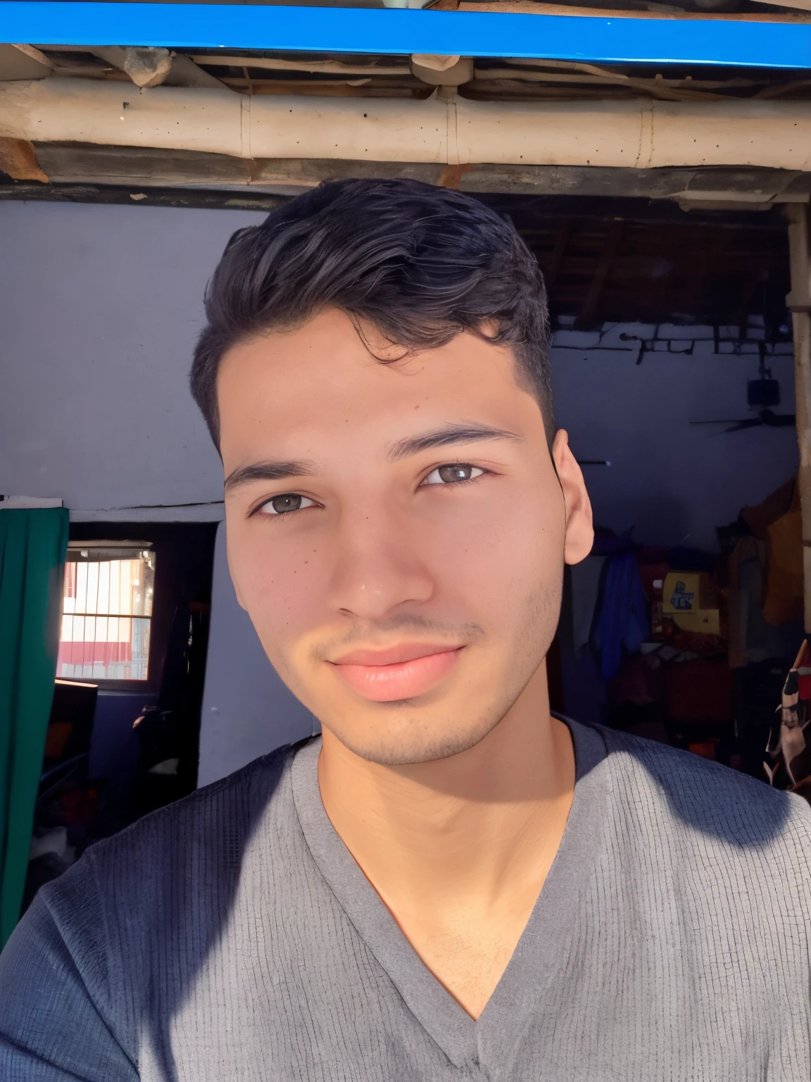 arafed man with a gray shirt and a blue sign, around 1 , with accurate face, good looking face, without mustache, frontal picture, without beard, clean shaven face, 18 years old, headshot profile picture, mohamed chahin, 2 3 years old old, looking scamera, detailed unblurred face