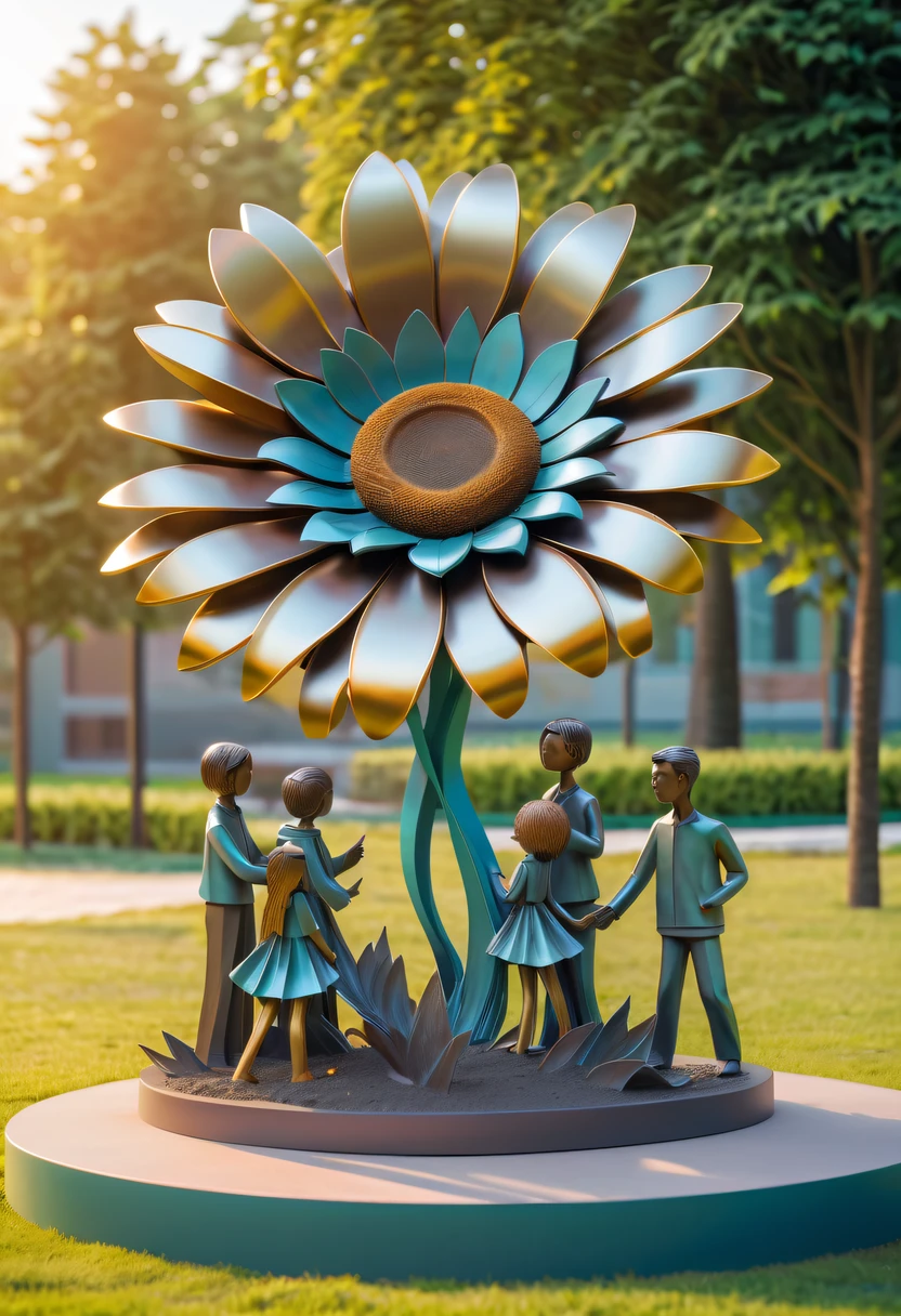 school sculpture,Cute teacher holding sunflower,Surrounded by a group of students,on the school lawn,full iron,metalictexture,metallic luster,vectorial art,Soft color palette,abstract sculpture,3D sculpture with abstract light,modern chinese literati,Gradient of color,hierarchical form,Futuristic sci-fi style metal three-dimensional sculpture,Whimsical three-dimensional metal sculptures,Ethereal style metal three-dimensional sculpture,