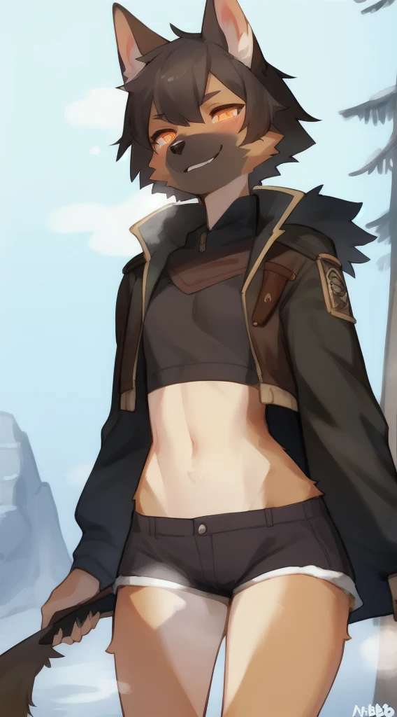 独奏, (A girl:1.2), , eye liner, lips, Short shorts, long-sleeved jacket, Adventure Clothing, dnd, Author: Bebebebebe, Belgian Shepherd Groenendael, black fur color, Fluffy, Black lip gloss, Short Hair Hair, small waist, wide hips, Slim, the perfect body, The dominant point of view, predatory smile, steam from the body, Winter is coming, warrior, Burning eyes