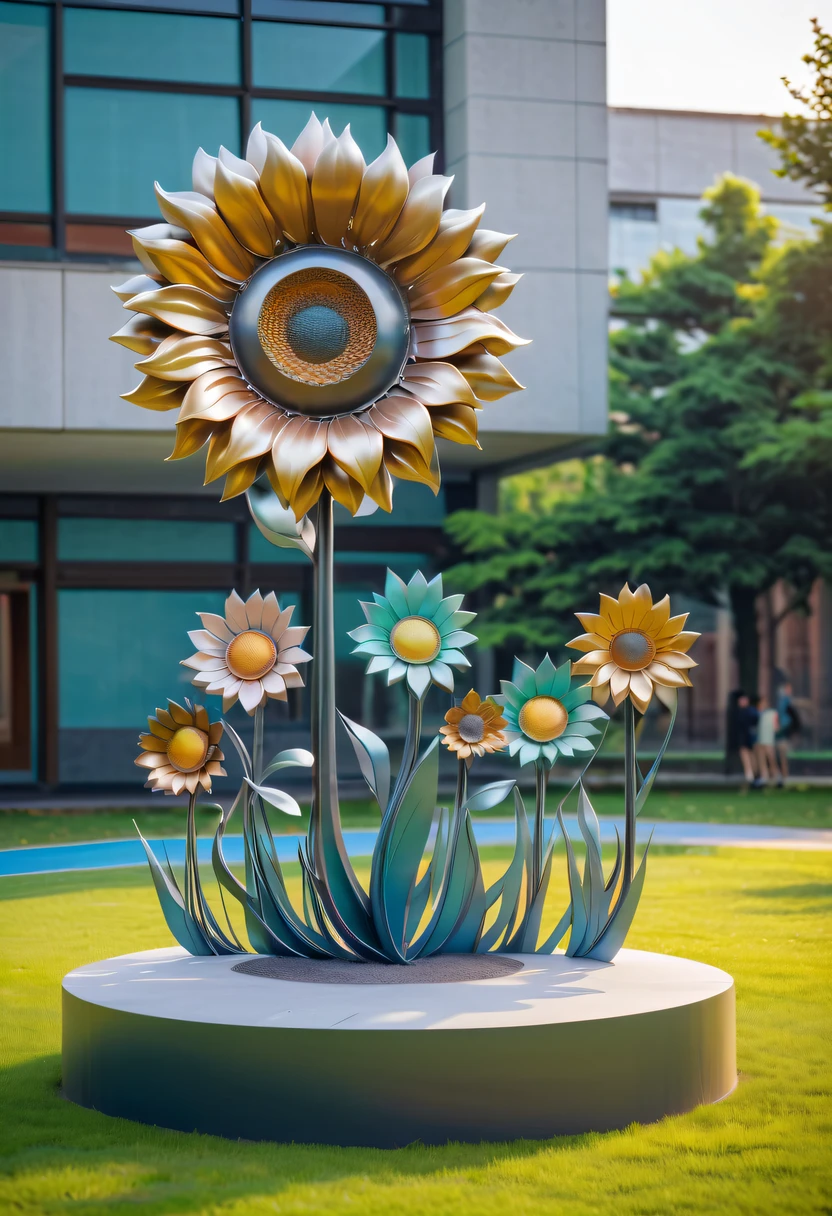 school sculpture，Cute teacher holding sunflower，Surrounded by a group of students，on the school lawn，full iron，metalictexture，metallic  luster，vectorial art，Soft color palette，abstract sculpture，3D sculpture with abstract light，modern chinese literati，Gradient of color，hierarchical form，Futuristic sci-fi style metal three-dimensional sculpture，Whimsical three-dimensional metal sculptures，Ethereal style metal three-dimensional sculpture，