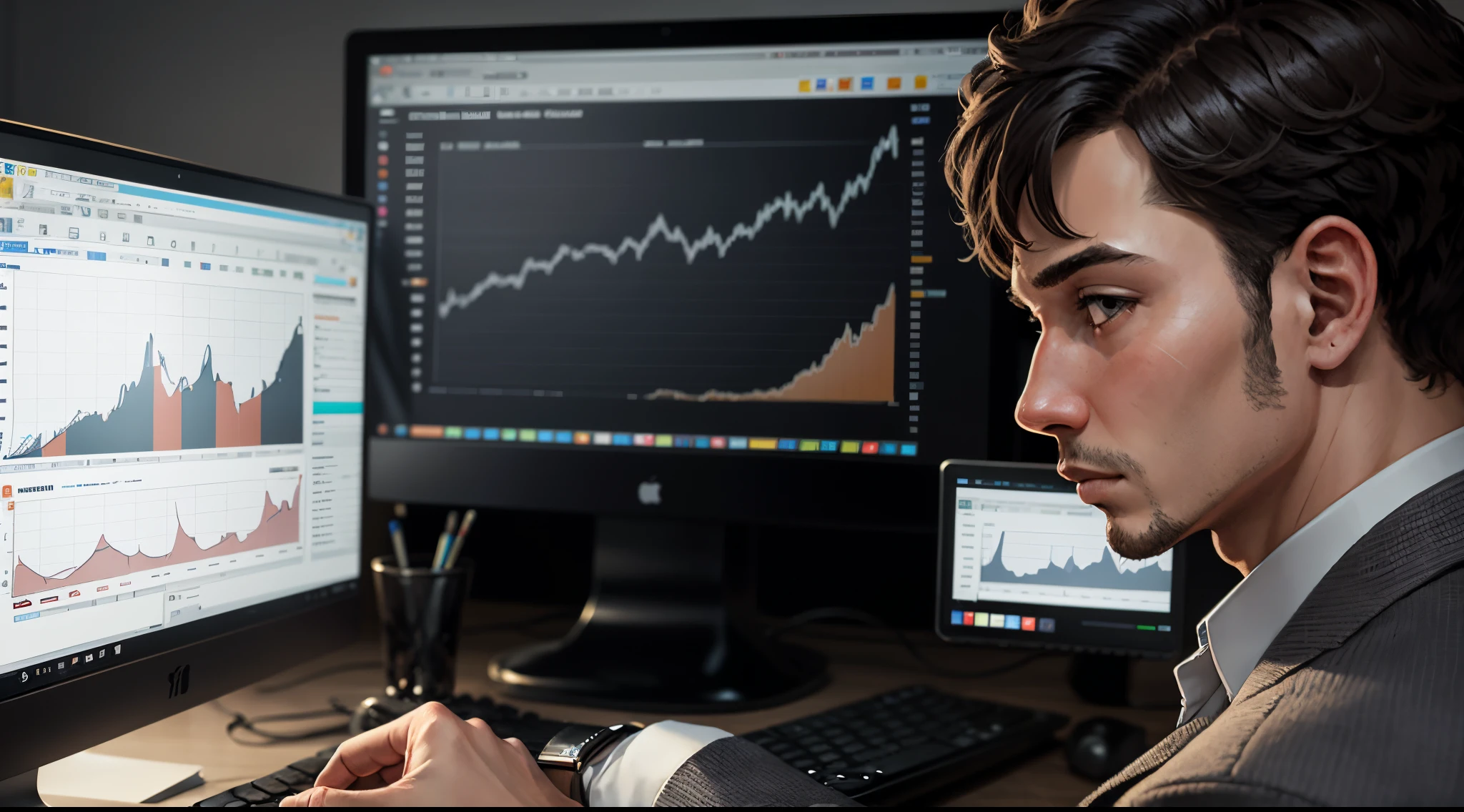 Image style cartoon, Businessman named Samuel, ambitious, white American face, looking at a computer screen, with investment chart