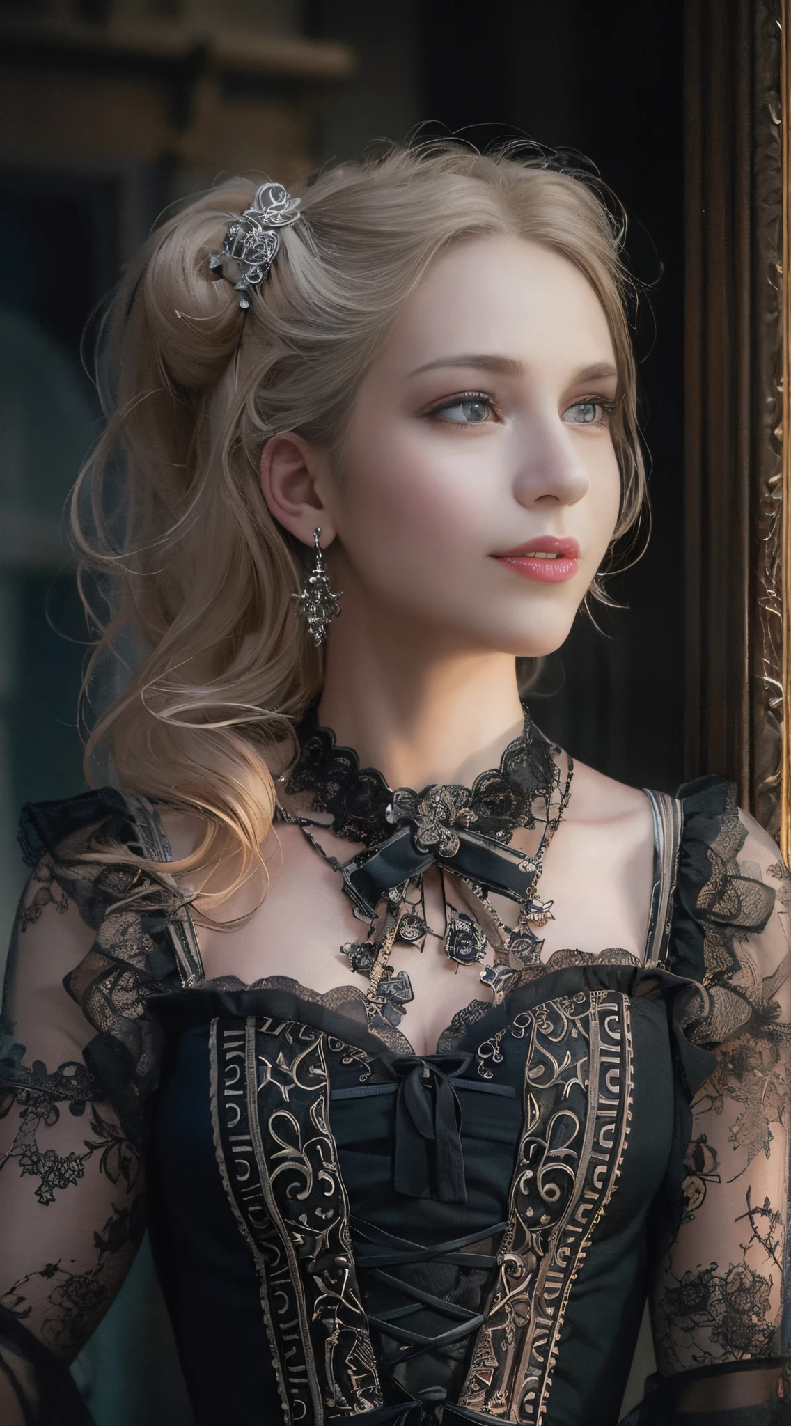 woman wearing dress and boots , baroque dress, in detailed steampunk dress, an elegant gothic princess, victorian gothic lolita fashion, Historical Baroque Dress Dark, black gothic lolita dress, fantasy style clothing, rococo dress, black rococo, classical witch, fantasy outfit, wearing a gothic dress, romantic dress, gothic dress,a blond,25-years old,(((Upper body portrait)))A smile,