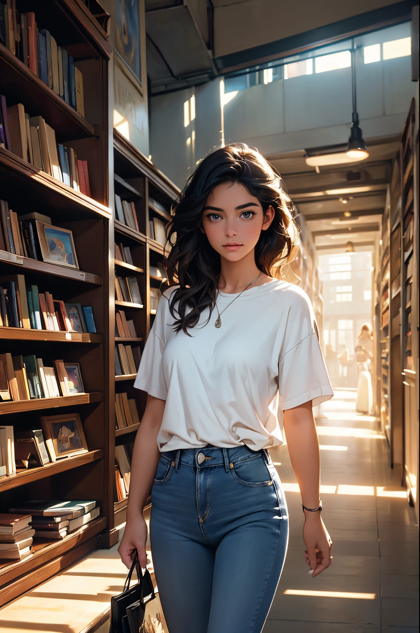 (Amelia  leaving the bookstore,  magic lingering around her,  ((glowing book 1:1)), book glowing((1.1)), mysterious book, blue jeans, white top, pick up a book,  full body, reading a book),(oil painting, realistic),(bright and warm colors),(soft lighting, subtle shadows)