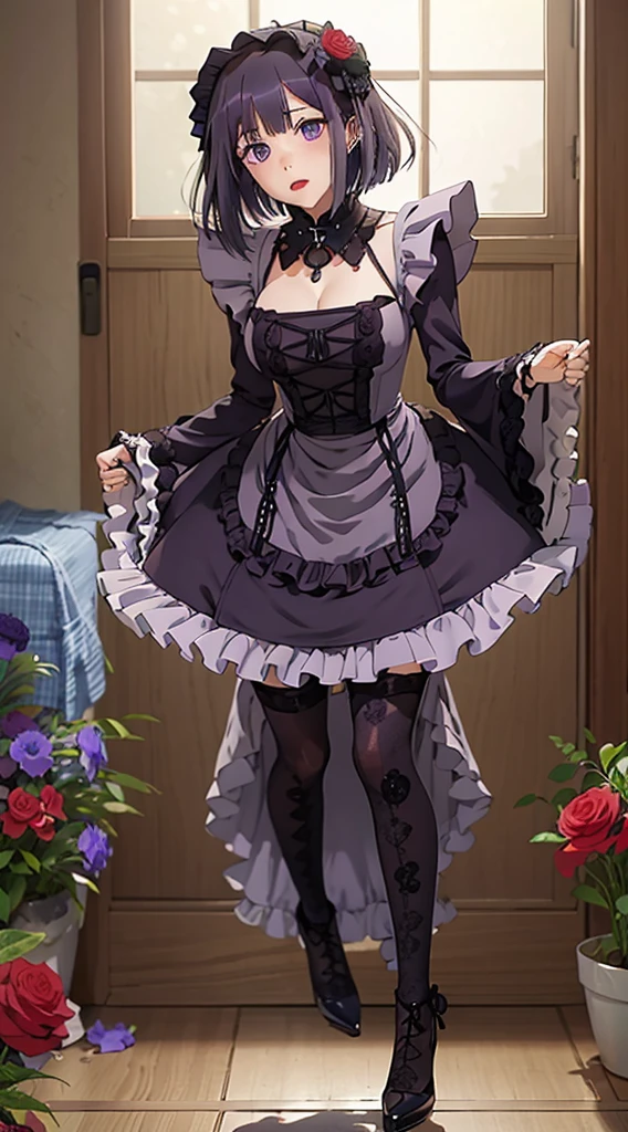 MarinLora, blush, short hair, black hair, hair ornament, thighhighs, long sleeves, dress, purple eyes, purple hair, flower, pantyhose, hairband, frills, hair flower, wide sleeves, apron, black dress, , rose, floral print, lace, ****ta fashion, gothic ****ta, (((dynamic pose))), ((Fullbody)), (lean forward:1.5), (very wide open chest: 1.3)