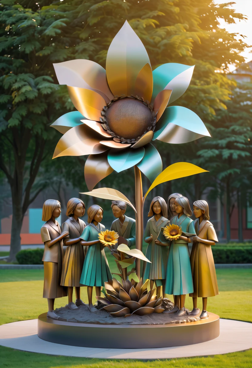 school sculpture,Cute teacher holding sunflower,Surrounded by a group of students,on the school lawn,full iron,metalictexture,metallic luster,vectorial art,Soft color palette,abstract sculpture,3D sculpture with abstract light,modern chinese literati,Gradient of color,hierarchical form,Futuristic sci-fi style metal three-dimensional sculpture,Whimsical three-dimensional metal sculptures,Ethereal style metal three-dimensional sculpture,
