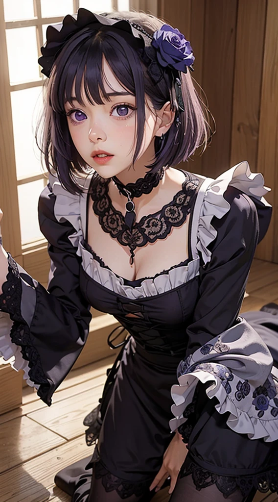 MarinLora, blush, short hair, black hair, hair ornament, thighhighs, long sleeves, dress, purple eyes, purple hair, flower, pantyhose, hairband, frills, hair flower, wide sleeves, apron, black dress, , rose, floral print, lace, lolita fashion, gothic lolita, (((dynamic pose))), (lean forward:1.5), (crawl on all fours:1.2),