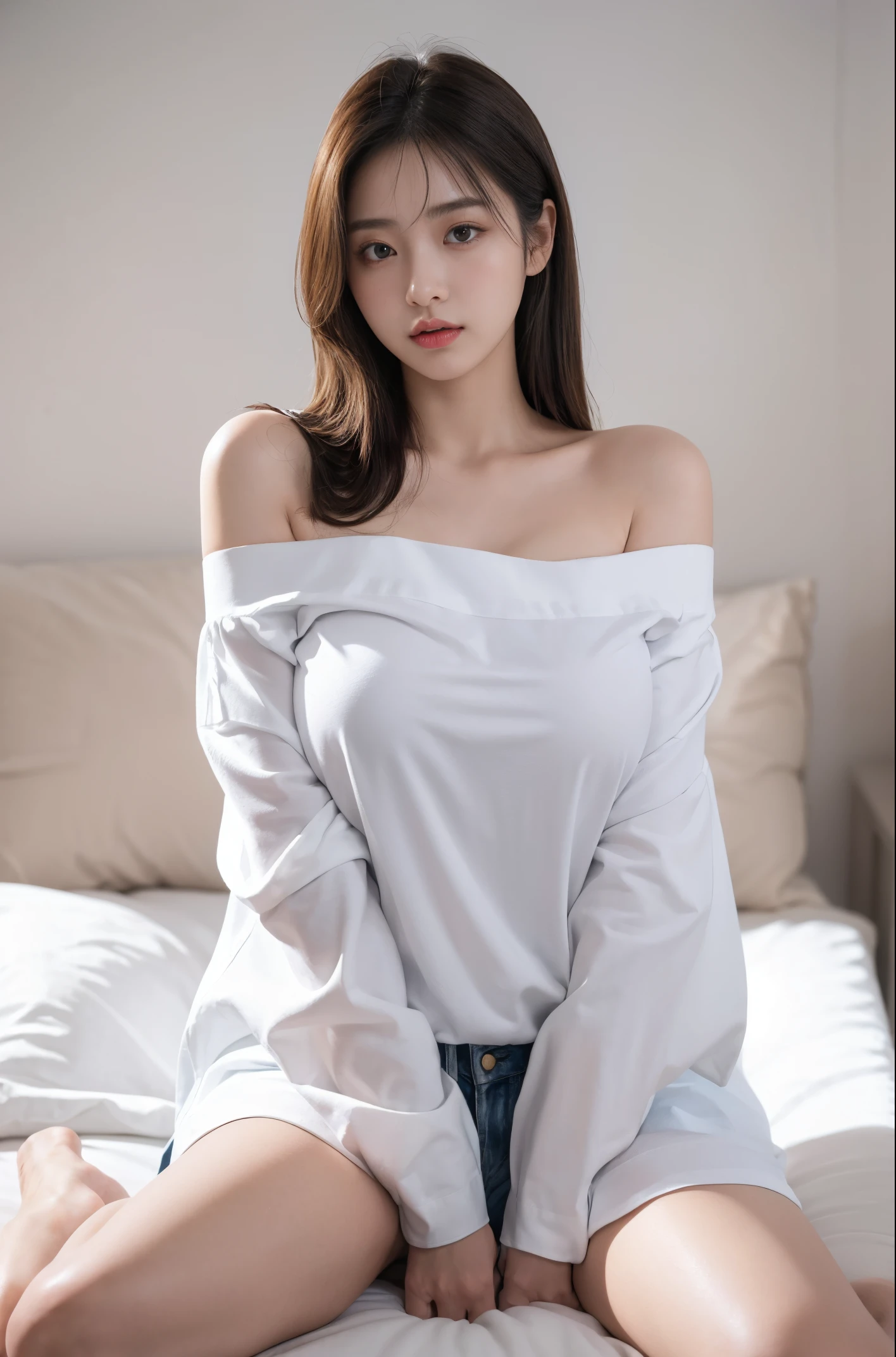 ((masterpiece)), (best quality), (detailed), (1 girl),  oversized shirt, white shirt, off shoulder,arms down,breasts squeezed together,elbow squeeze