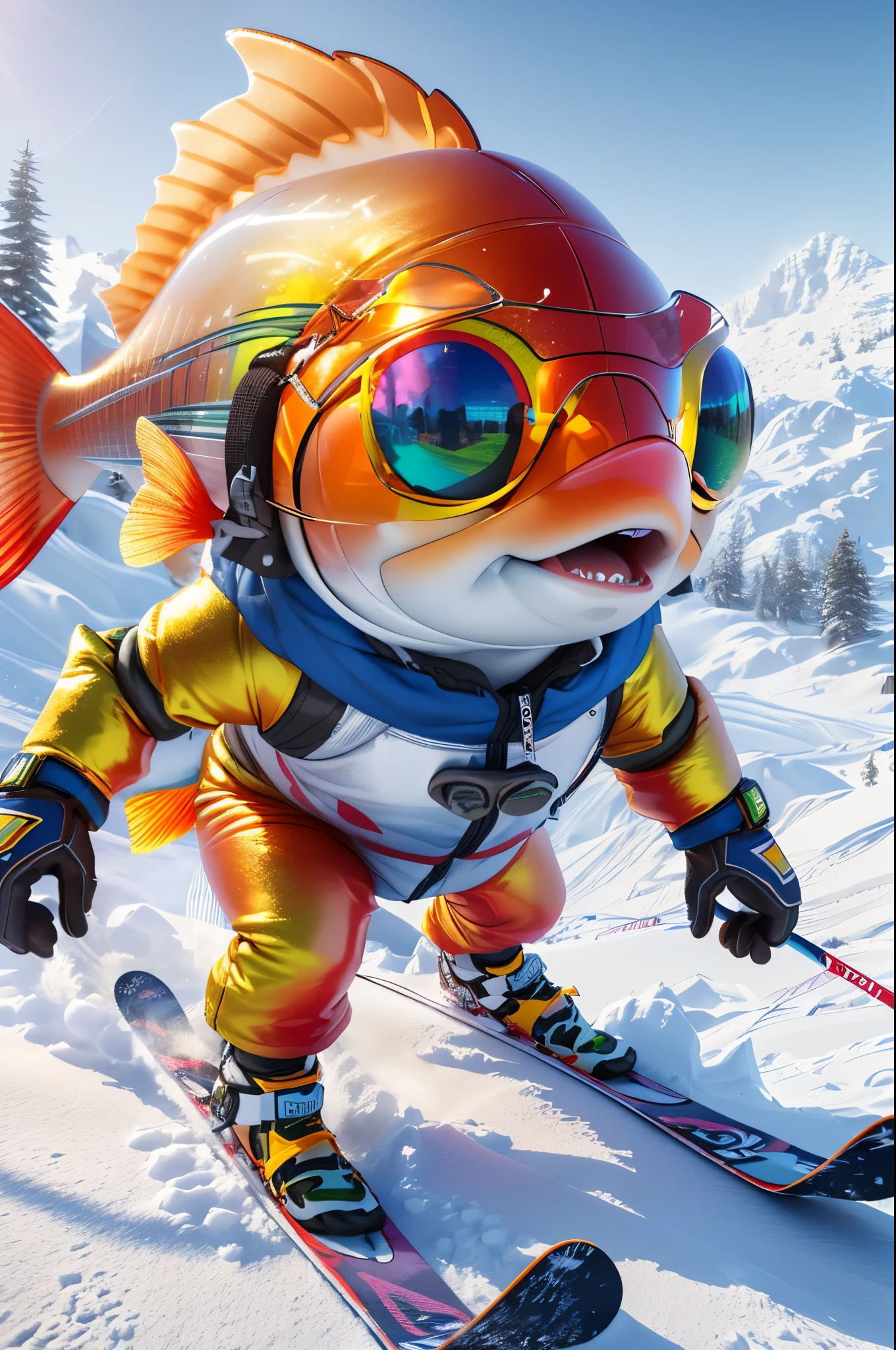 A humanoid fish with big eyes skis on a snowy slope, 3 d epic illustrations, Тренд на Behance 3D Art, Тренд на Behance 3D Art, trending on artstation 4k, rolands zilvinskis 3d render art, 4K is trending at ArtStation HQ, 3d render trending on artstation, ultra realistic 3d illustration, skiing