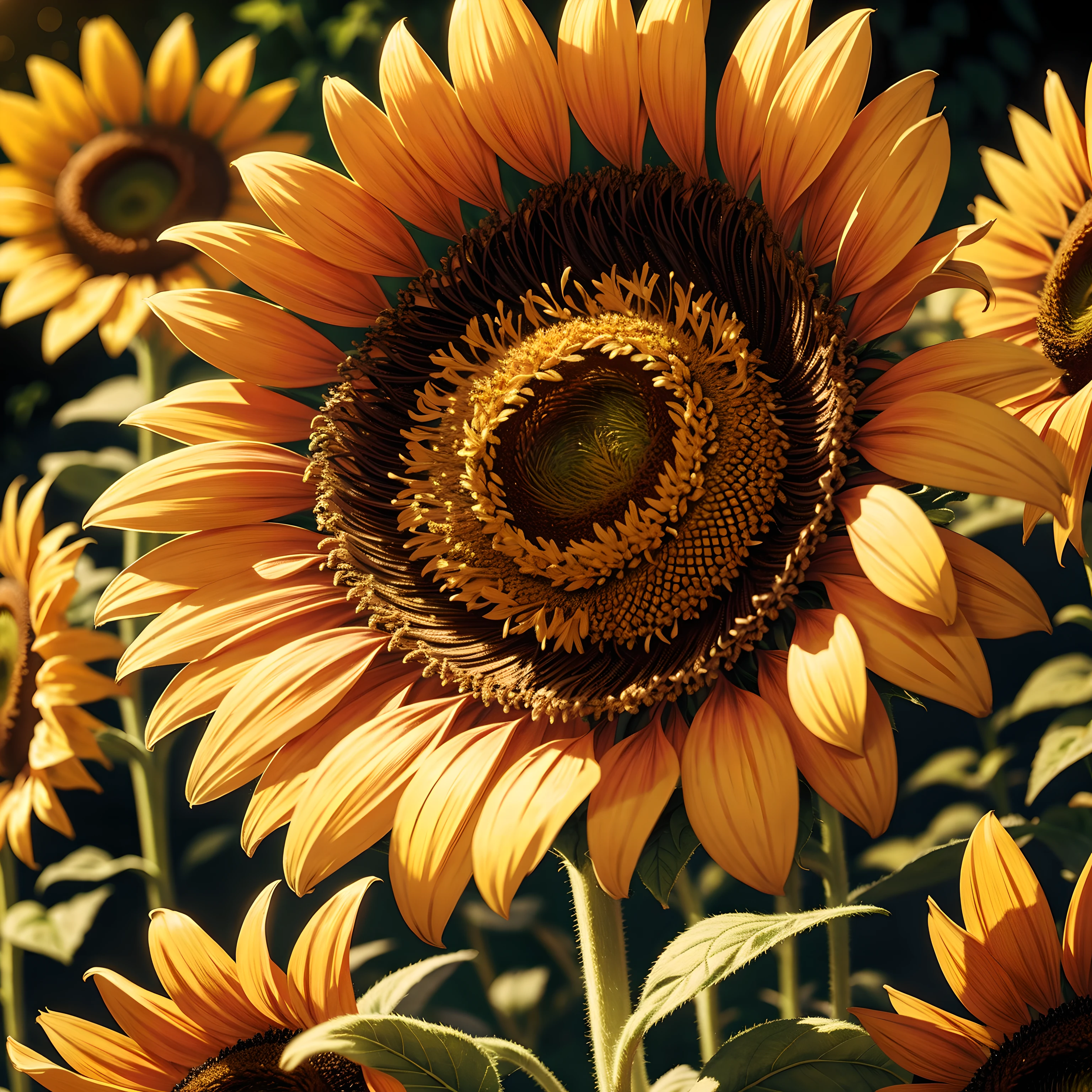 Am exquisite illustration of a sunflower, original digital artwork, ultra detailed, maximum quality, light particles, bokeh, shimmer, 16k, maximum resolution, golden hour lighting